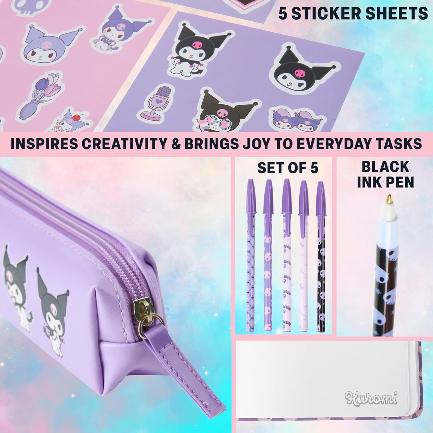 Get Trend Hello Kitty Gifts Kuromi Stationary Set Cute Notebooks Pens Kawaii Pencil Case Anime Stickers Cute Stuff Journal Accessories Gift for Teens (Purple Kuromi) - Image 4