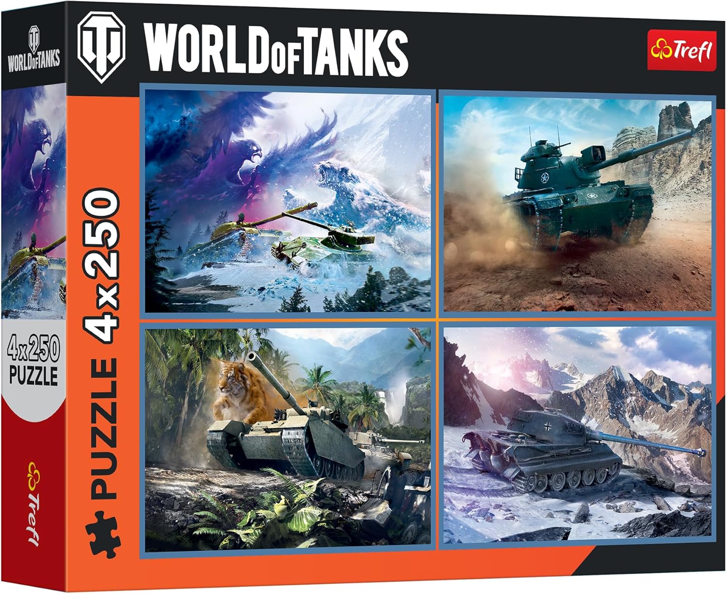 Trefl World of Tanks: The Great Tank Battle 4x250 Piece Jigsaw Puzzle 13,3" x9,4 Print, DIY Puzzle, Creative Fun, Classic Jigsaw for Adults and Children from 14 Years Old