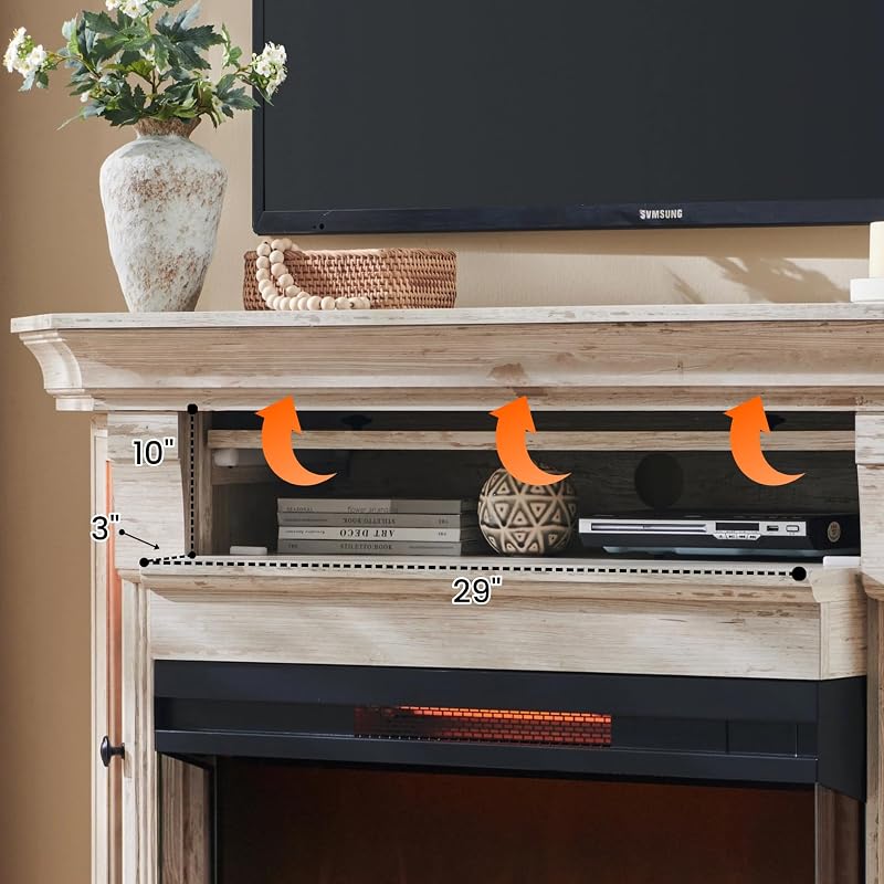 RedLemon 56" Corner Fireplace TV Stand for Up to 65 Inch TV - 30" Electric 3-Sided Fireplace, Farmhouse Entertainment Center for Living Room, Hidden Flip-Top Cubby, Shelves & LED, Antique Brush White image 5