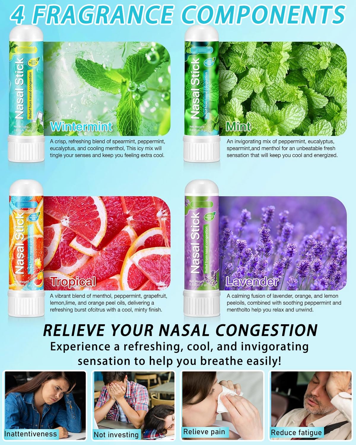 4 Pack Nasal Stick, Inalatore Nasale per Rapido Sollievo dal Naso Chiuso, Migliora la Respirazione e la Concentrazione con Oli Essenziali e Mentolo, Ideale per Studio, Lavoro e Viaggi