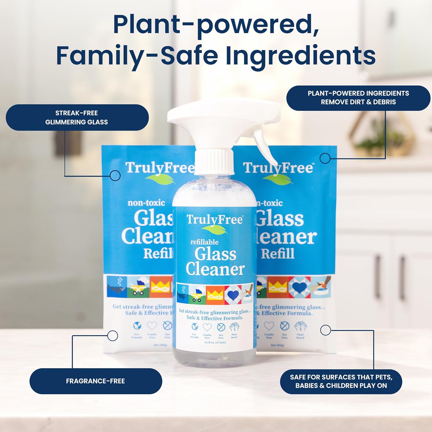 Truly Free Natural Glass Cleaner - Removes Dirt & Debris for Sparkling Clean Windows & Glass Surfaces at Home, Office & Garage, Includes: 1 Refillable Empty Bottle (16oz) & 2 Refills (3oz ea) - Image 3