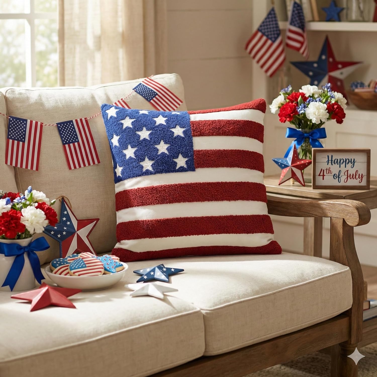 AVOIN colorlife 4th of July Patriotic Striped Star Flag Embroidered Throw Pillow Covers, 18 x 18 Inch Independence Day Decor Tufted Patterned Linen Cushion Case for Sofa Couch Set of 2