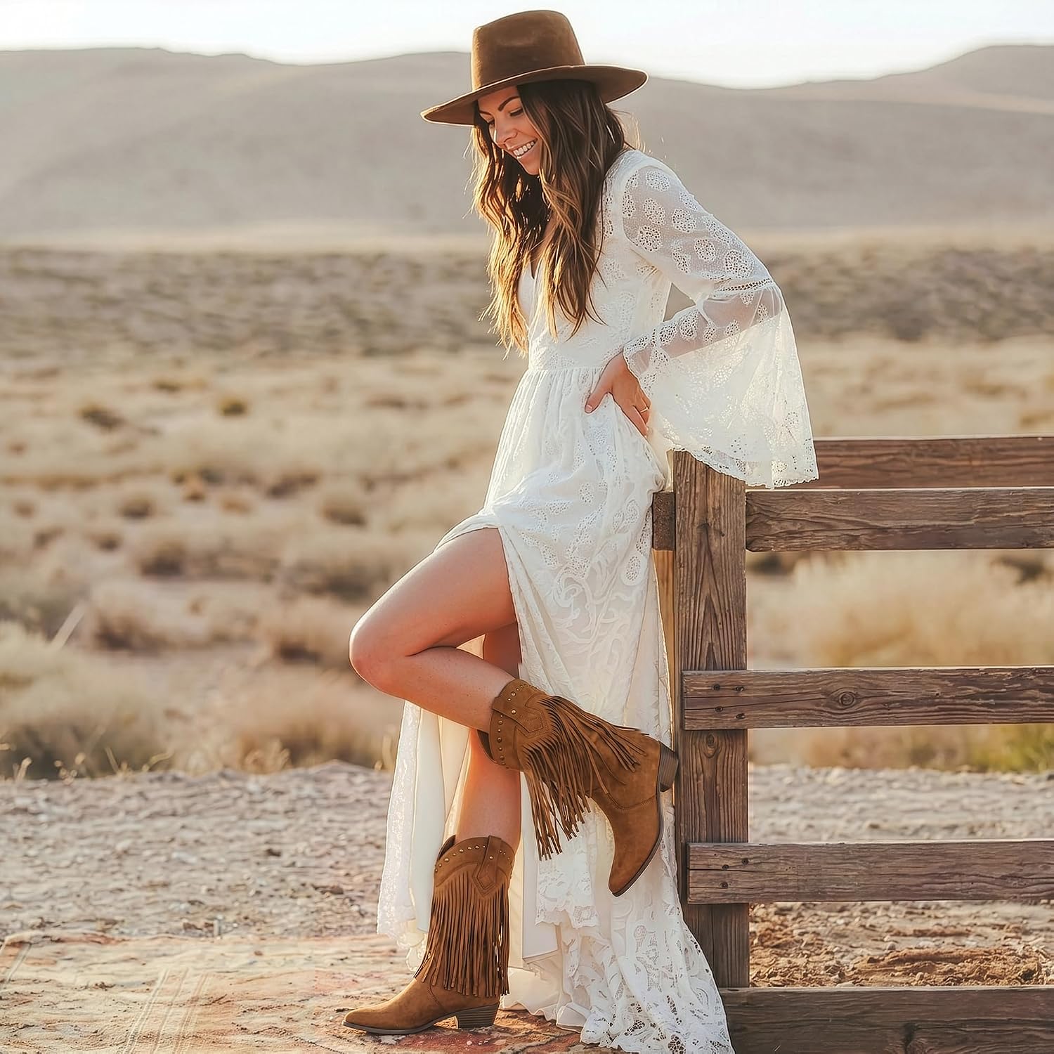SheSole Fringe Cowboy Boots for Women Wide Mid Calf Cowgirl Boots with Studded, Pointed Toe Chunky Heel Trendy Western Boot