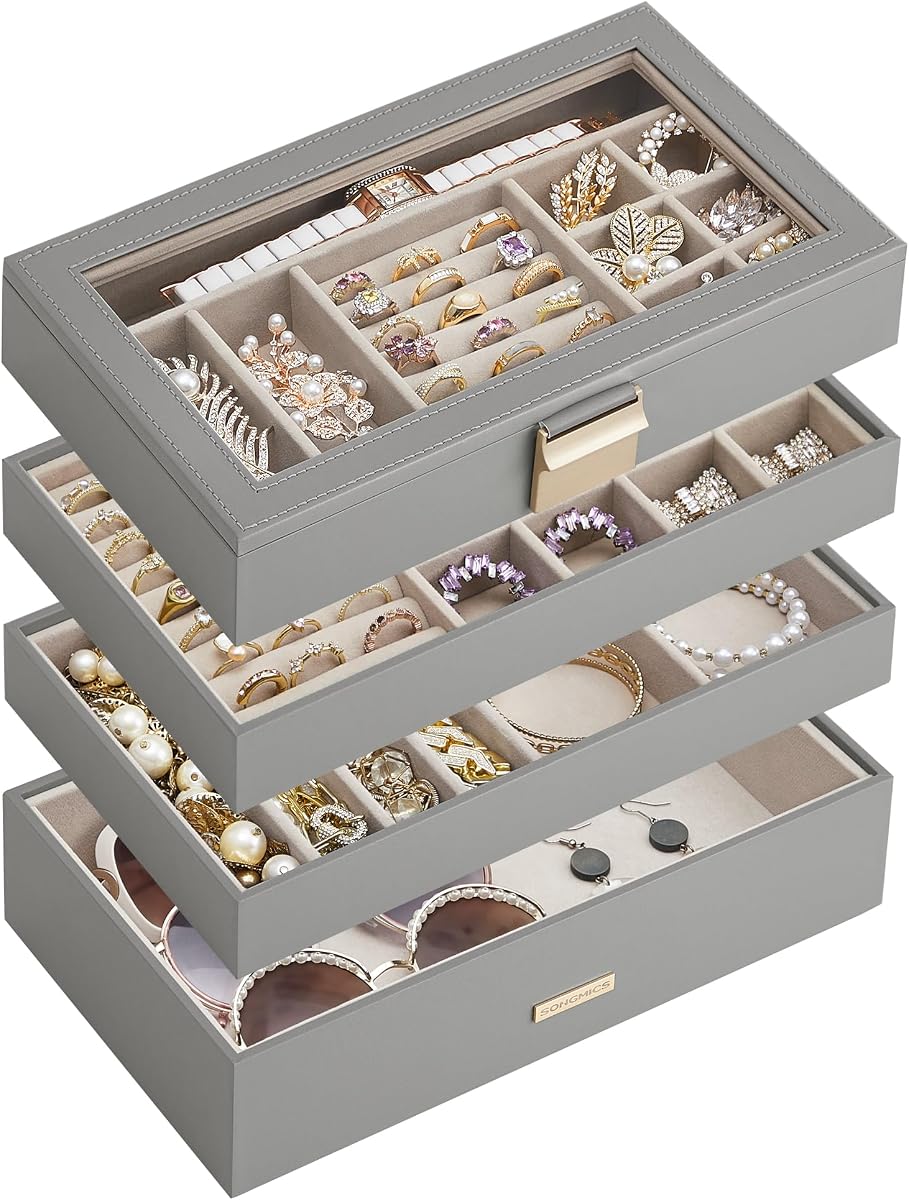 SONGMICS Bandejas Apilables para Joyería, Joyero de 4 Niveles, con Tapa de Vidrio | Organizador de joyas con cajón, 6,7 x 11 x 7,2 pulgadas, divisores extraíbles, idea de regalo, gris pizarra, colección GISELLA UJBC164G01