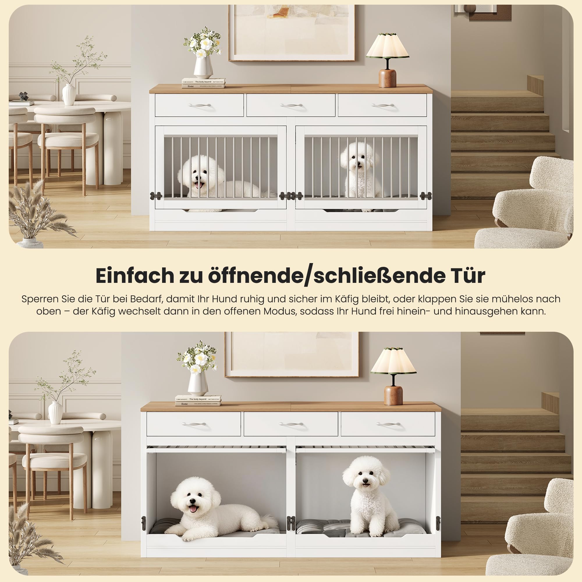 Mrwoo Hundebox Hundekäfig Möbel mit 3 Schubladen, Innen-Hundehütte mit Klappdeckel und Abnehmbare Trennwand Luxus Hundevilla, als Beistelltisch für Wohnzimmer, Holz & Metall, Natural+White, 164×60×81