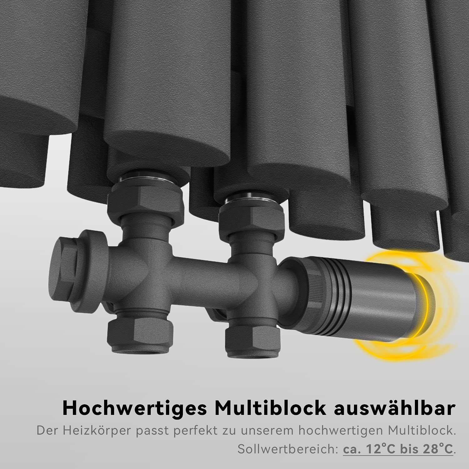 ELEGANT Grzejnik nowoczesny antracyt 600 x 767 mm z antracytowym multiblokiem termostat design grzejnik poziomy, dwuwarstwowy grzejnik rurowy, przyłącze środkowe