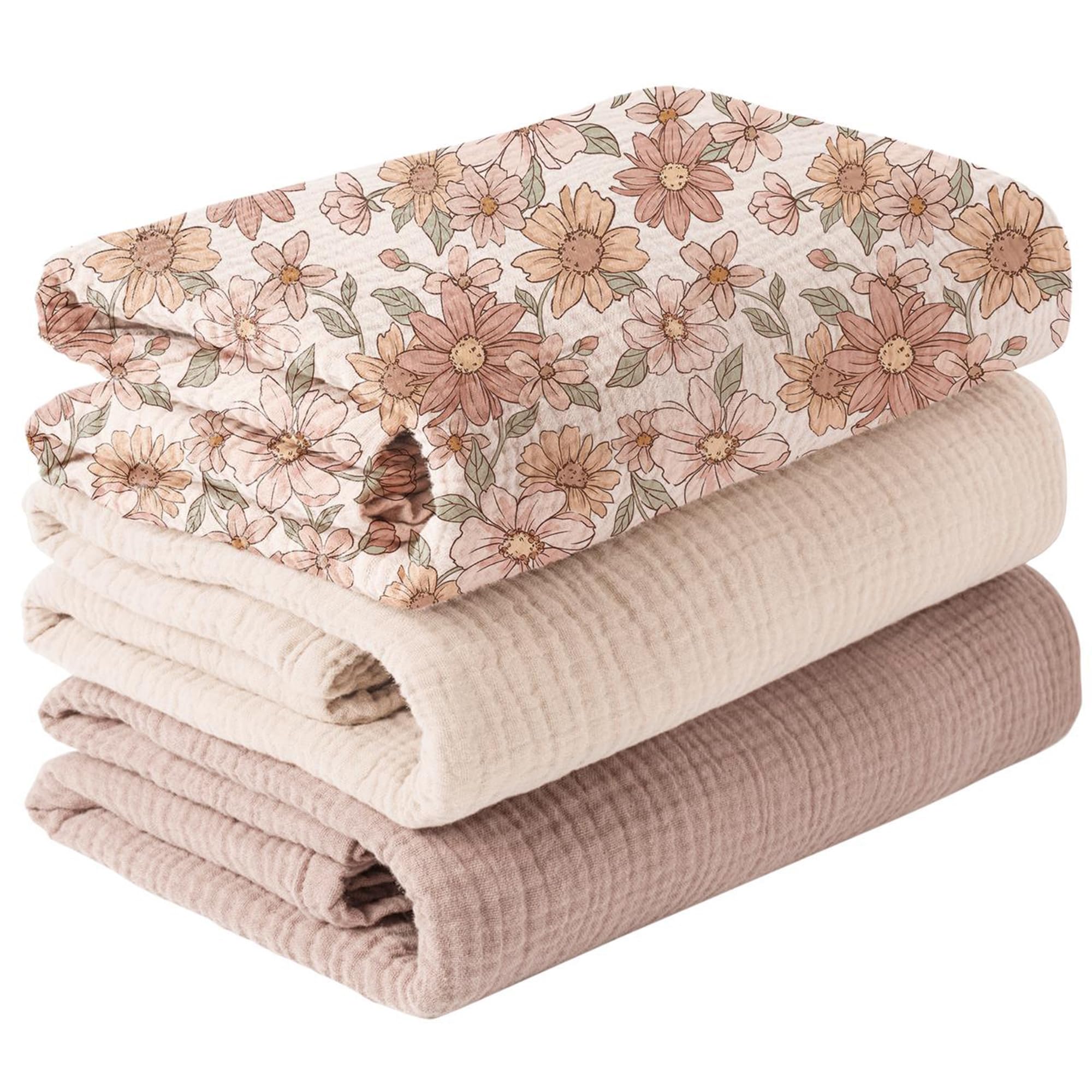 Konssy 3-Pack Muslin Baby Swaddle Blankets, 47 x 47 in Receiving Blankets | Large Size, 100% Cotton, Ultra Soft & Breathable, Multi-Use Swaddles for Boys & Girls, from Newborn to Toddler Vintage Petals