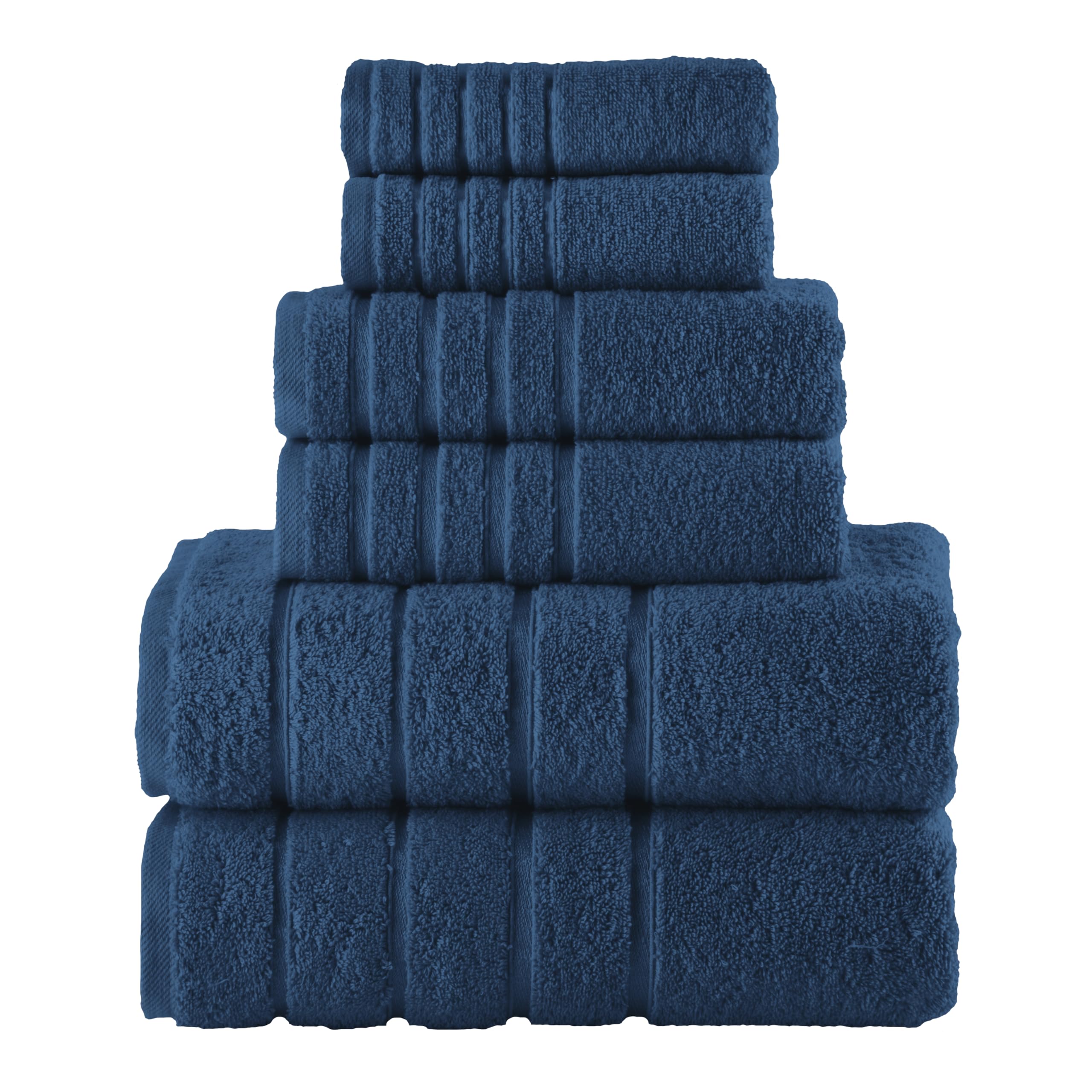 Elegant Comfort 4 Lines Viscose Stripe 6-Piece Premium Towel Set - 100% Turkish Cotton High Absorbent Luxury Bathroom Towels – Includes 2 Washcloths, 2 Hand Towels and 2 Bath Towels Set, Navy Blue