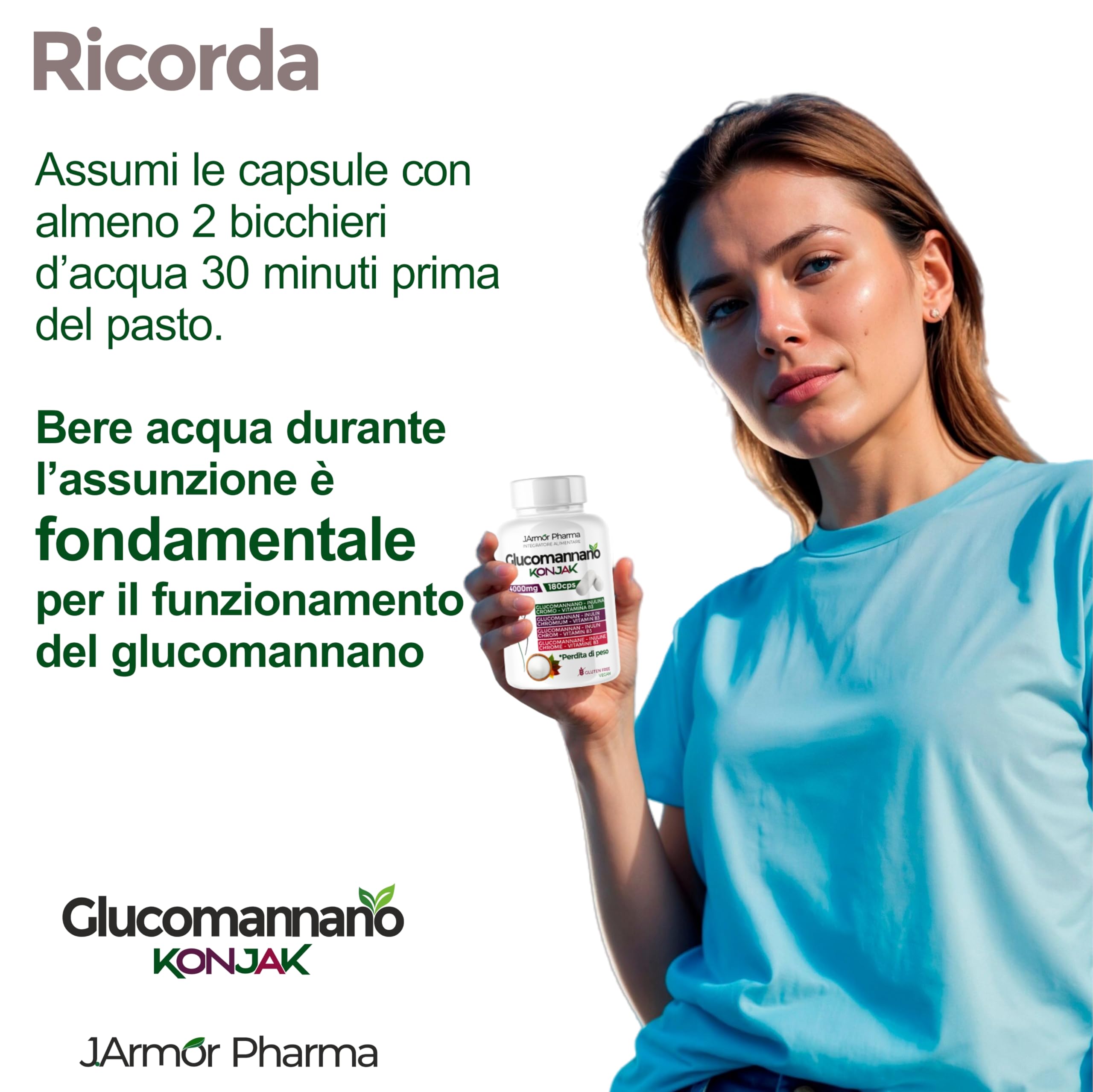 Glucomannano Forte Purificato 4000mg 180 Cps, Fino a 1000 Kcal In Meno Al Giorno, Perdita di Peso, Controllo Della Fame, Saziante e Drenante, Glucomannan Konjak