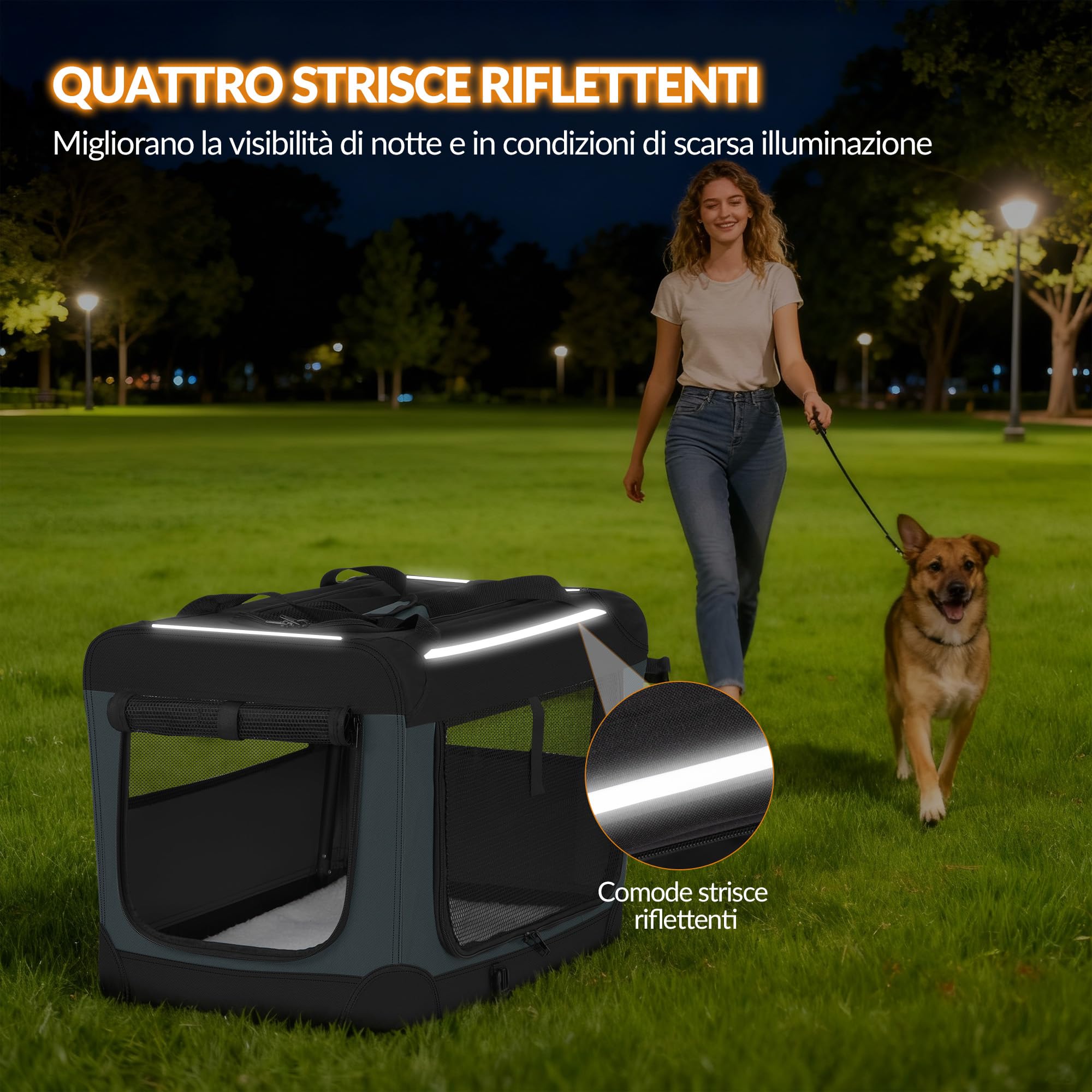 Trasportino Pieghevole per Cani, Trasportino da Viaggio Portatile e Traspirante a 3 Porte con Rifiniture Riflettenti e Tasca Laterale, Uso Interno ed Esterno, Grigio, 60 x 42 x 42 cm