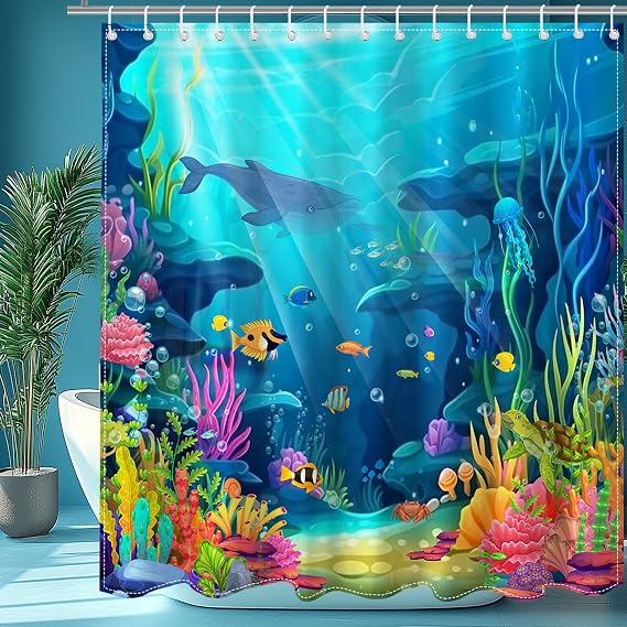 Mocsicka Ocean Shower Curtain for Bathroom Underwater World Kids Shower Curtain with 12 Hooks Summer Tropical Shark Turtle Fish Bath Curtain for Kids Sea Bathroom Decor, 72 x 72 in Waterproof Fabric