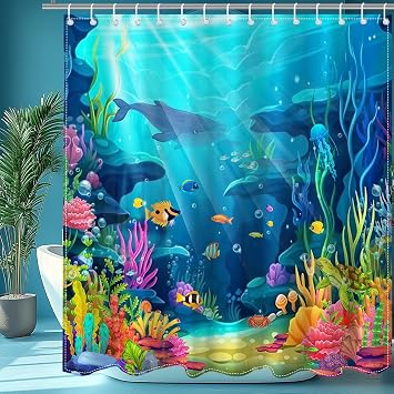 Mocsicka Ocean Shower Curtain for Bathroom Underwater World Kids Shower Curtain with 12 Hooks Summer Tropical Shark Turtle Fish Bath Curtain for Kids Sea Bathroom Decor, 72 x 72 in Waterproof Fabric
