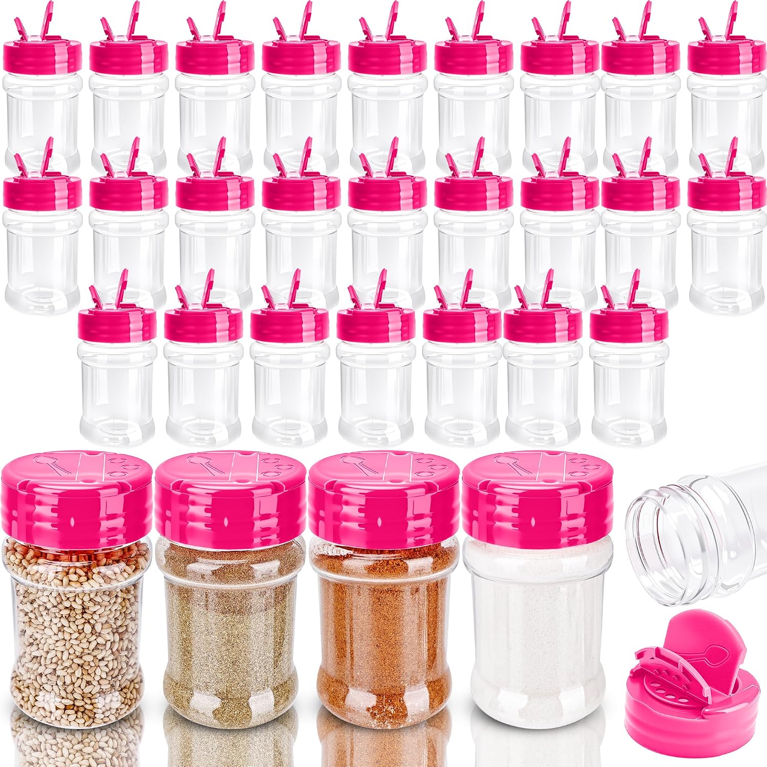 30 Pcs 2 oz Mini Plastic Spice Jars with Sifters Clear Empty Spice Bottles Round Seasoning Containers for Travel Kitchen (Pink Top with 2 Side Hole)