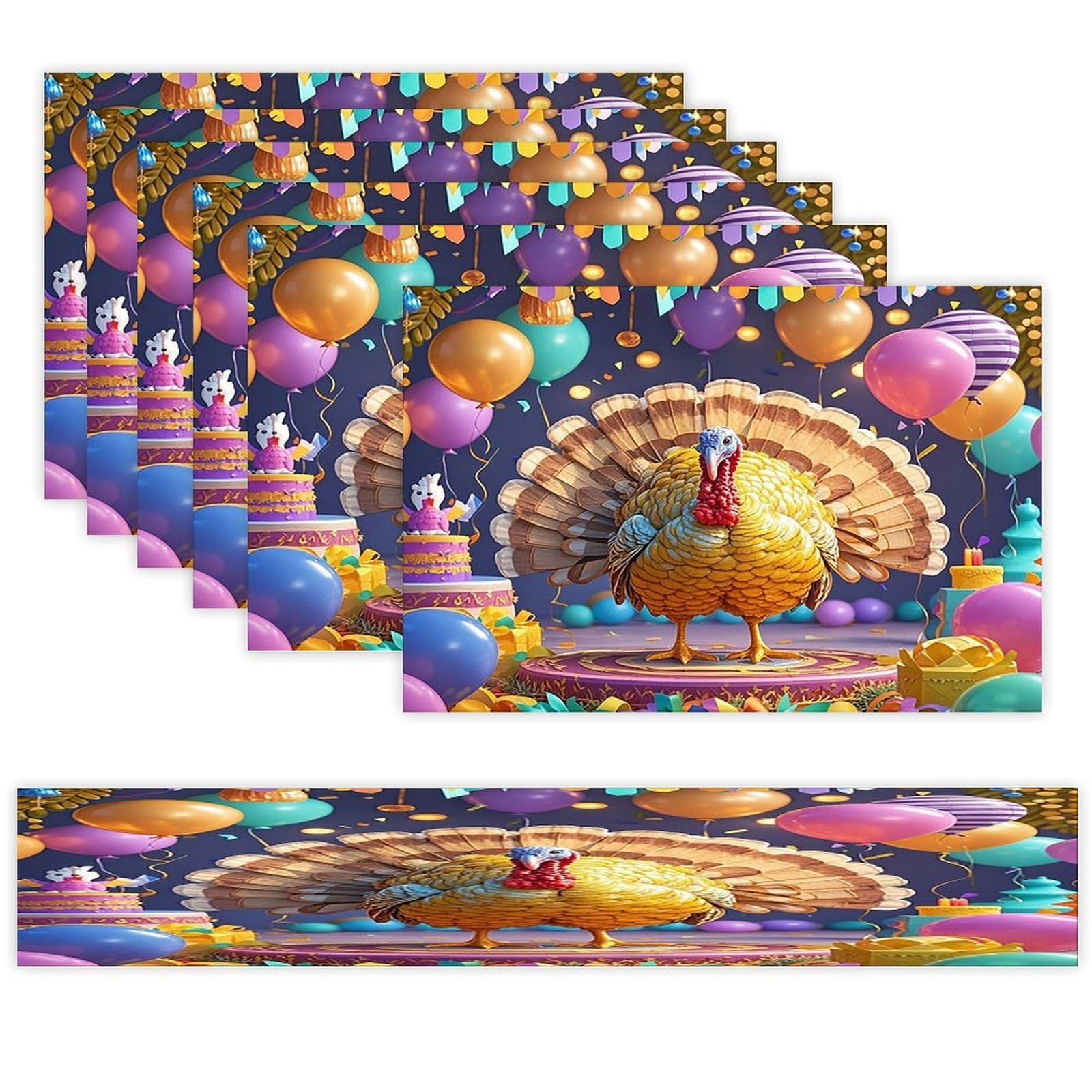 Turkey Party Placemats Set of 6 and Table Runner for Holiday Party Kitchen Dining Table Decor Farmhouse Style Washable Table Mat Set Heat Resistant Linen Place Mat Sets