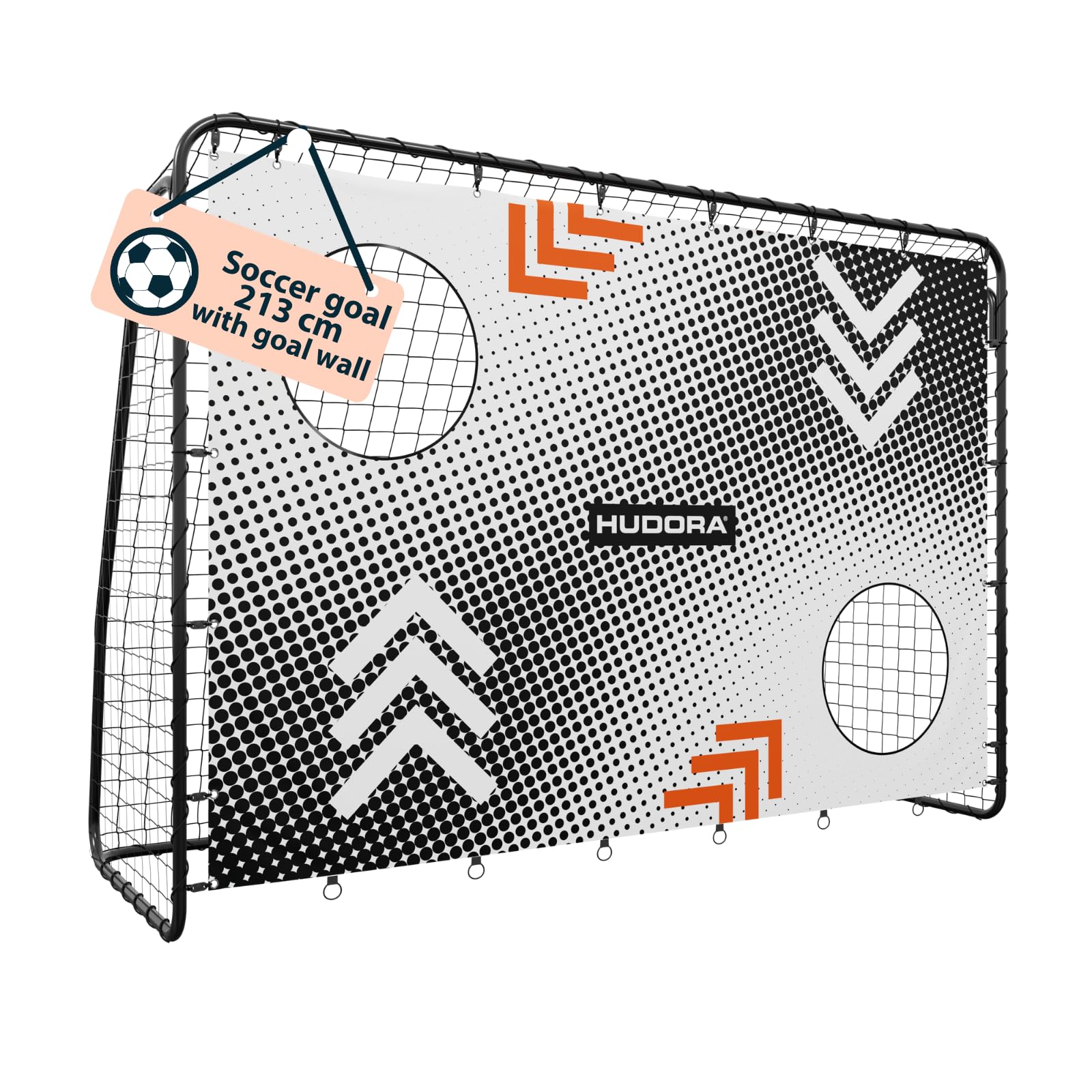 HUDORA Soccer Goal Trainer with Target Wall - Sturdy Outdoor Soccer Goal for Kids & Adults - Goal wall with two reinforced shot holes - Weatherproof football Goal for Training & Leisure