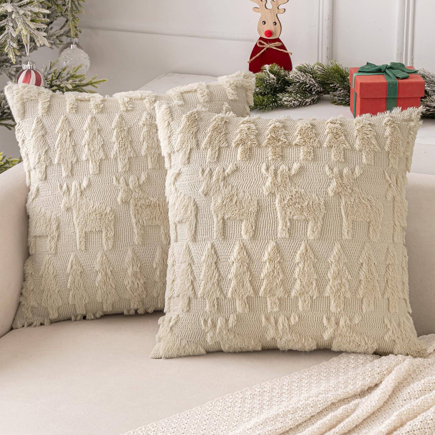 MIULEE Weihnachten Kissenbezug Weihnachtstag 2er Set Kurz Wolle und Samt Kissenbezüge Deko Luxuriöses Winter Zierkissenbezug für Sofa Schlafzimmer Wohnzimmer, Elch-Muster, Beige, 45x45cm