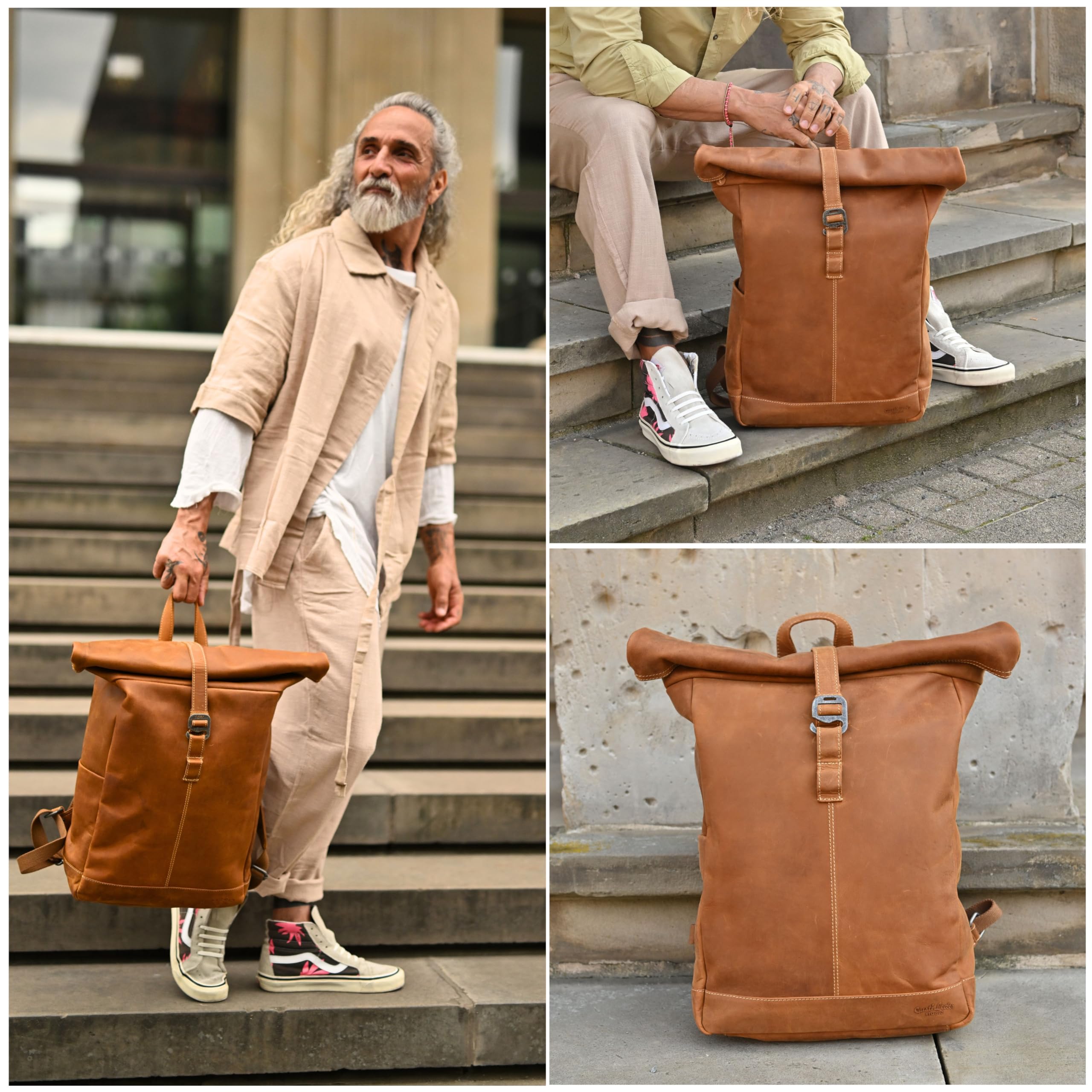 Gusti Leder „Bendik“ Rolltop Rucksack – Lederrucksack Braun für Damen & Herren, Vintage Cityrucksack aus Echtleder, Laptop Rucksack & Outdoor Backpack für Alltag, Uni & Reisen