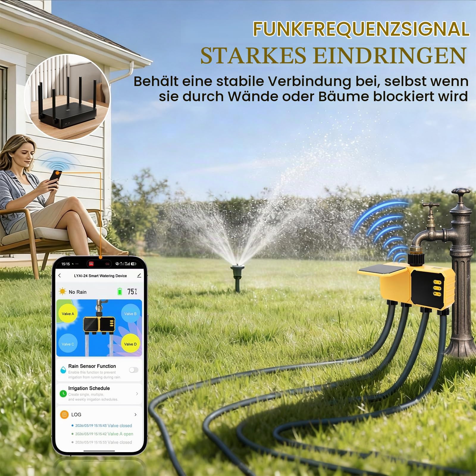Nikou Bewässerungscomputer WLAN mit 4 Ausgänge, Solaranlagen Bewässerungssystem Zeitschaltuhr Gartenbewässerung, Automatischer und Manueller Modus, mit APP, Regenverzögerung für Balkon Rasen Garten