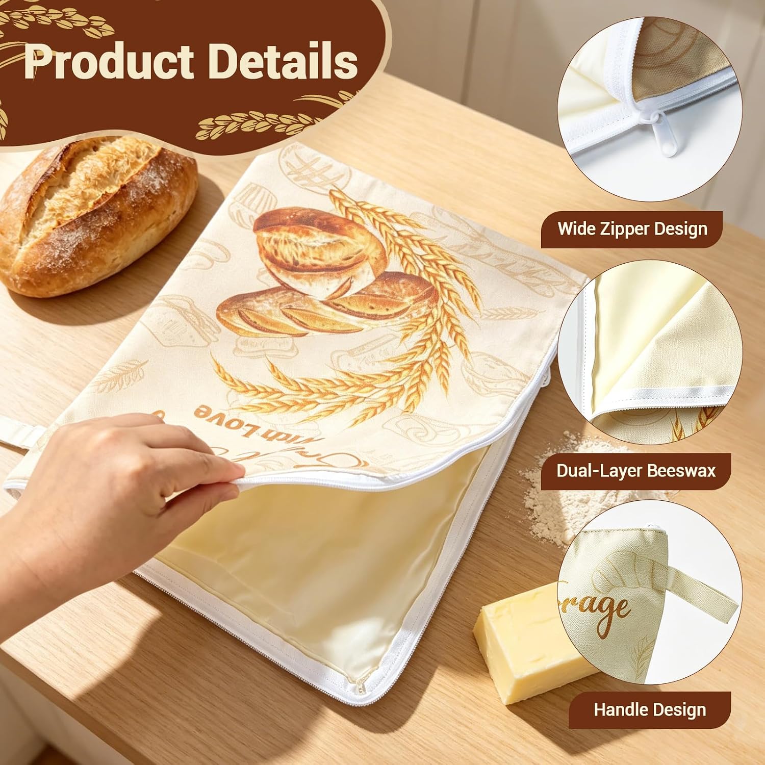 2 Pack Beeswax Bread Bags for Sourdough with Wide Zipper Access Reusable Organic Beeswax Coated Linen Cotton Bread Bags for Homemade Bread Keeps Bread Fresh Naturally image 3