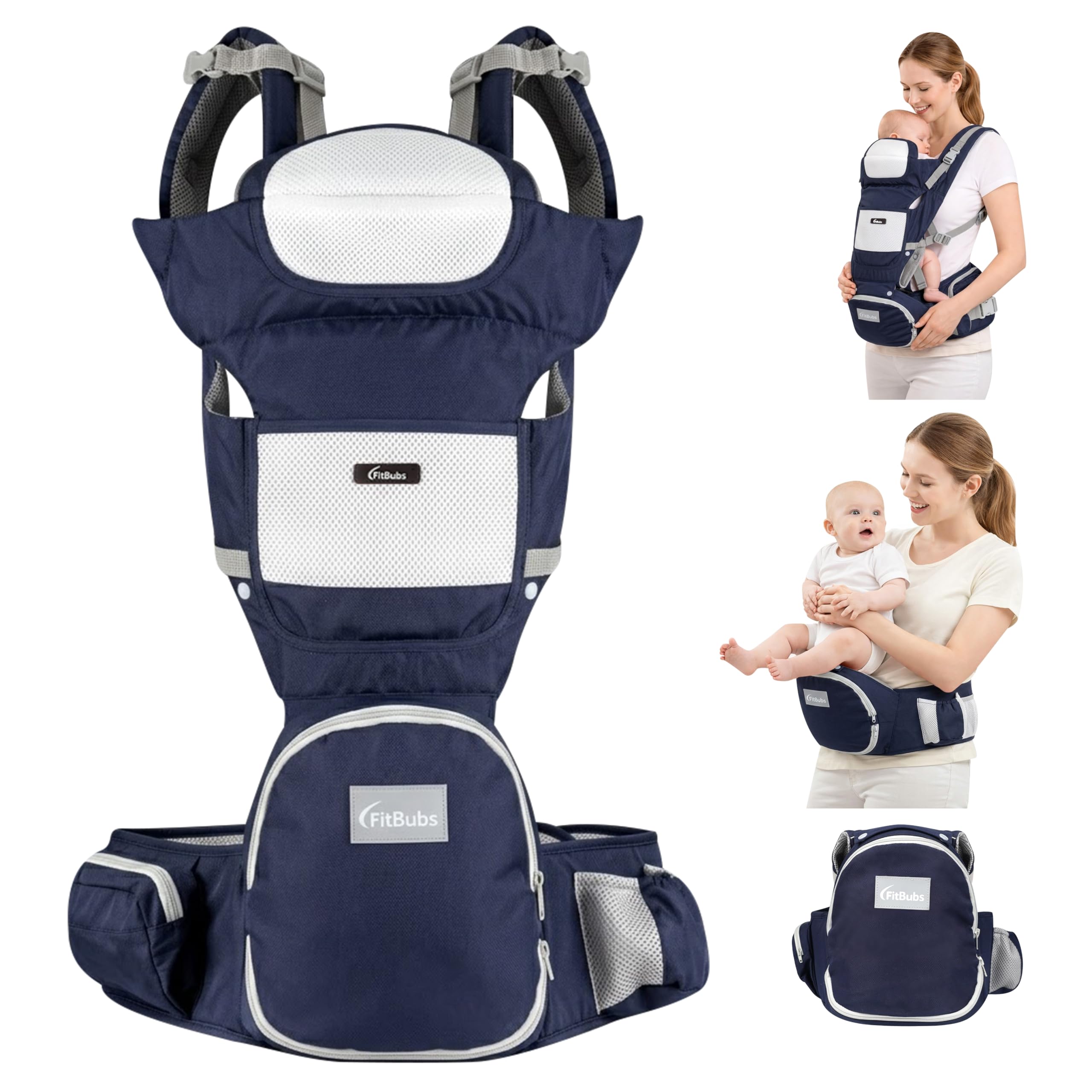 Portabebés con asiento de cadera – Ergonómico y transpirable, para la parte delantera y la cadera para bebés y niños pequeños (azul oscuro)