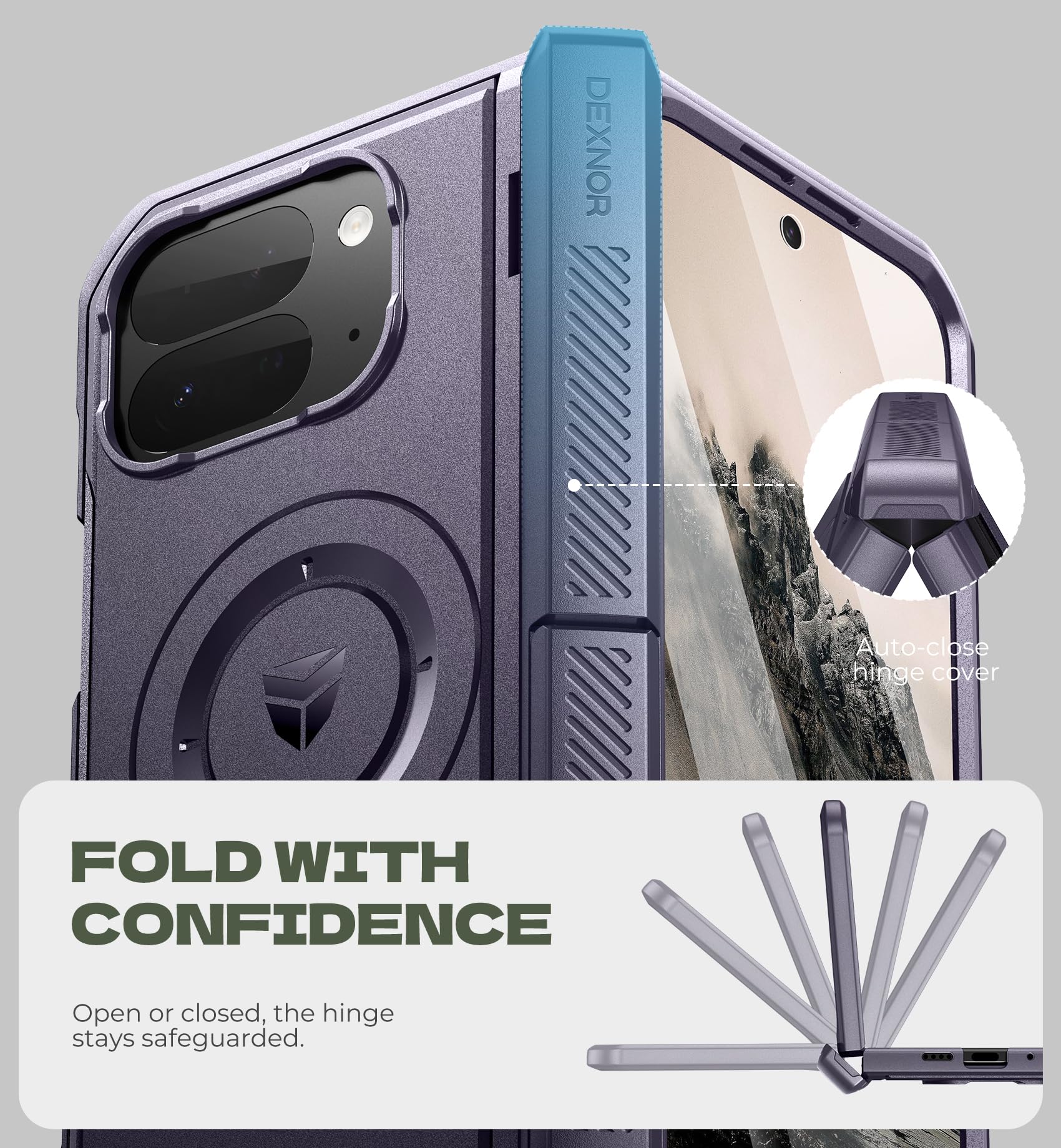 Dexnor Funda Magnética Plegable para Google Pixel 10 Pro Fold con Soporte Dobles&Protector de Pantalla Frontal&Compatible con MagSafe, Cubierta Protectora Robusta de Cuerpo Completo, Púrpura Fantasma