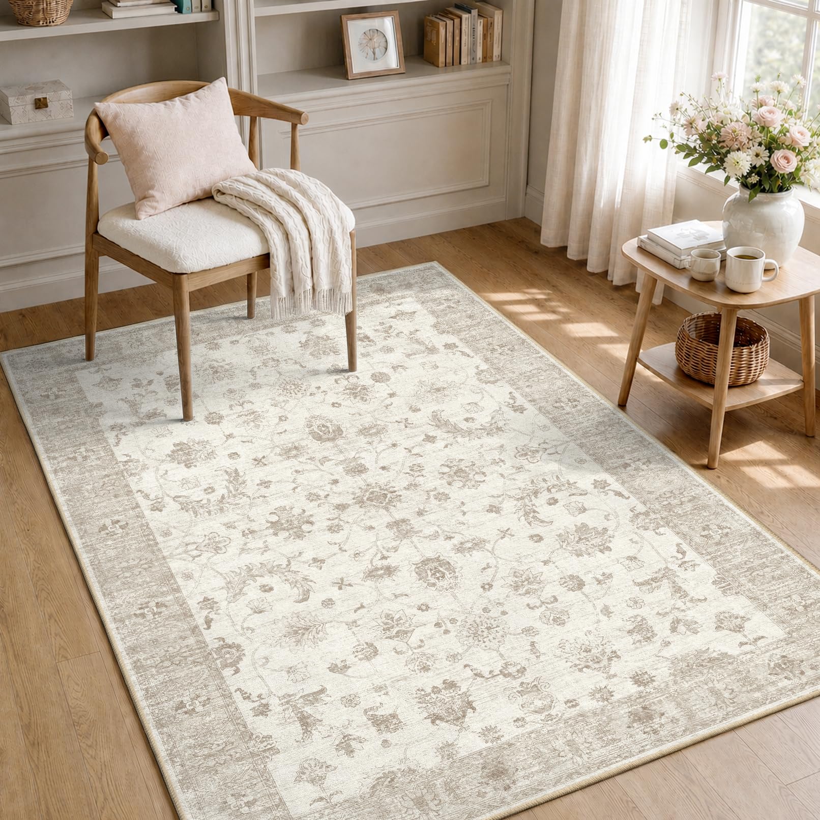 INOVADAY Washable Rug Living Room 90x150cm Non Slip Low Pile Vintage Boho Area Rug for Hall Lounge Bedroom Kitchen Office Dining Room Indoor Hallway Beige — image 1