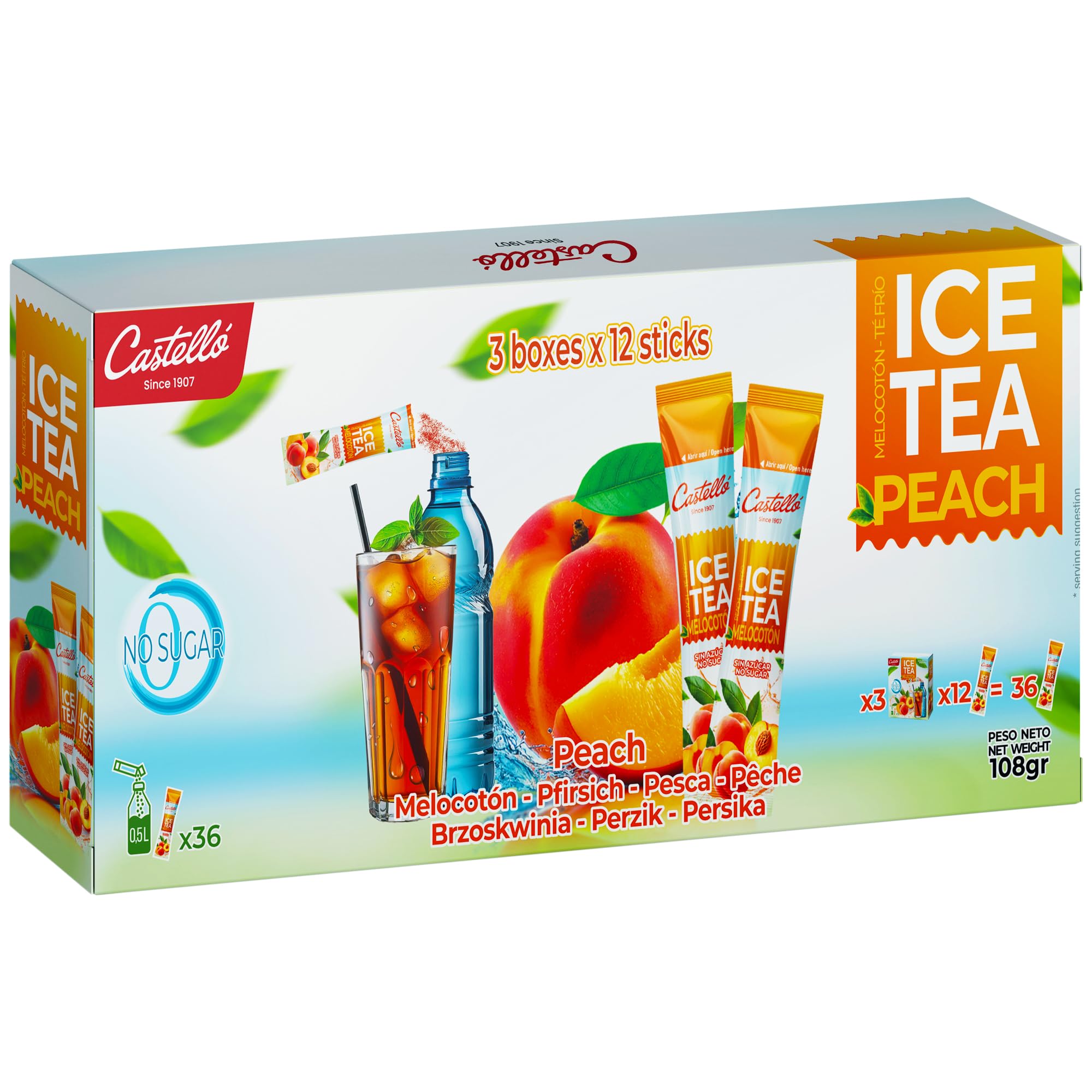 Castello since 1907 Eistee (Ice Tea - Iced Tea) Zero in Sticks | Pfirsich | Gesamt 36 Sticks | Zero Kalorien, Zuckerfrei, Ohne Aspartam