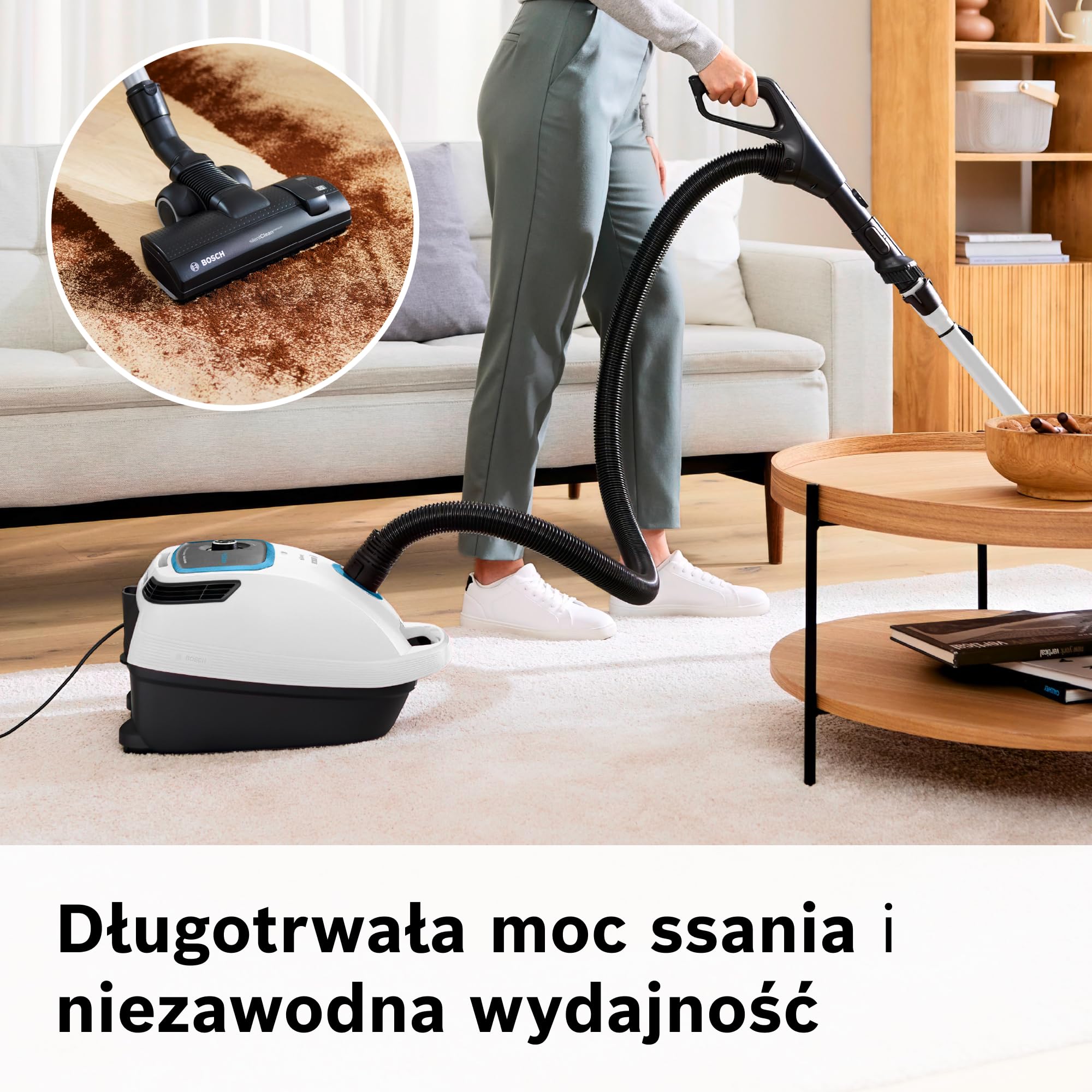 Bosch, odkurzacz workowy, cylindryczny, BGB6SIL1, 66 dB(A), filtr higieniczny HEPA, 10-letnia gwarancja na silnik, mocny, biały