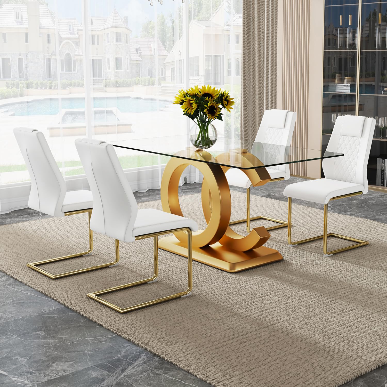 Ebullient Modern Dining Table Set for 4 ，5 Piece Dining Table Chairs Set for 4,Glass Table Top and MDF Base，Rectangular Dining Room Table with 4 PU