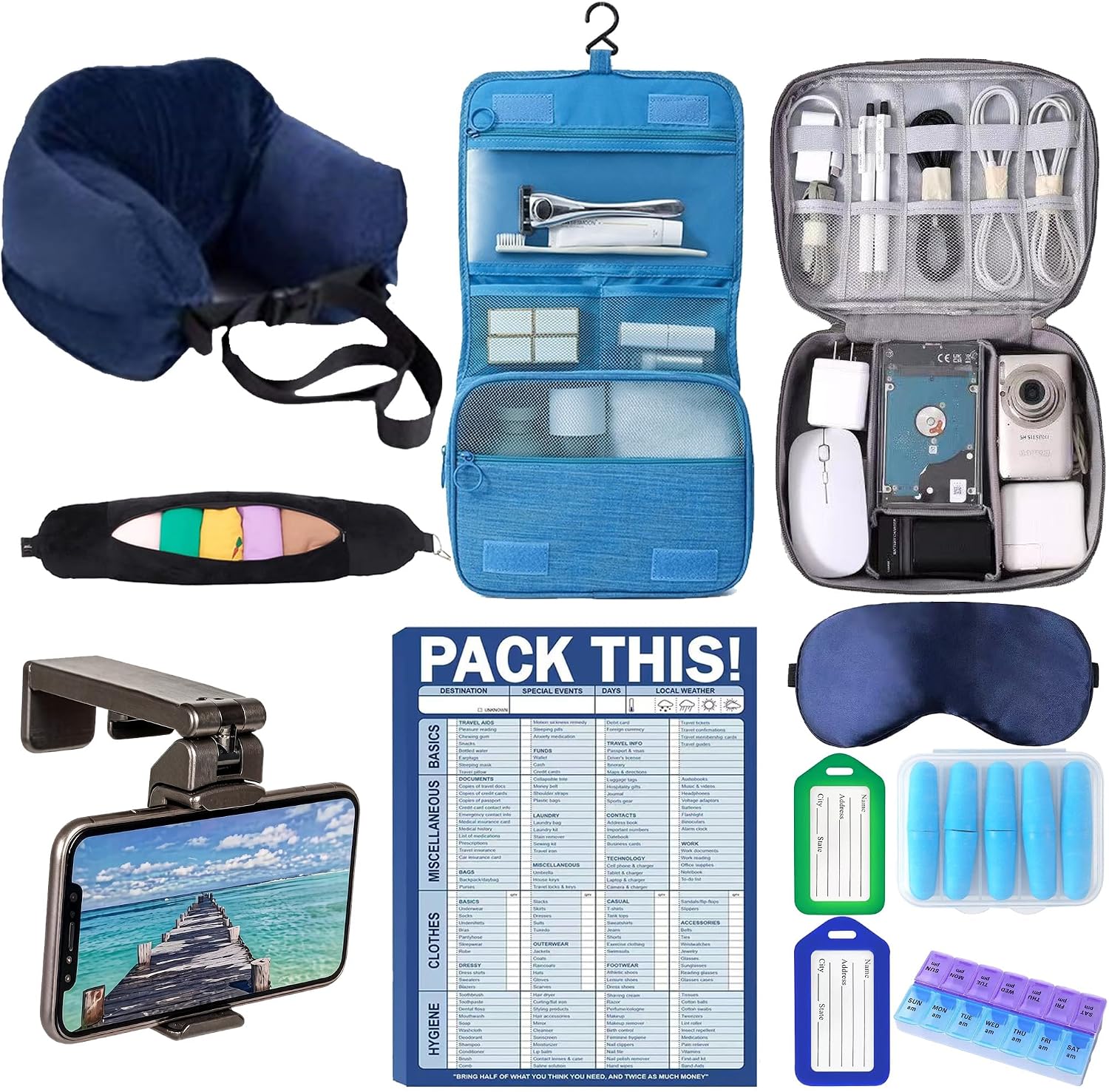 Lulurose Complete Travel Kit: Stuffable Travel Neck Pillow, Electronics Organizer Case, Hanging Toiletry Bag, 52 Sheets Packing Checklist, Flight Phone Holder, Eye Mask, Ear Plugs & Pill Organizer