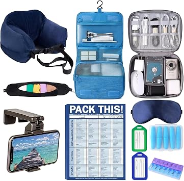 Lulurose Complete Travel Kit Stuffable Travel Neck Pillow, Electronics Organizer Case, Hanging Toiletry Bag, 52 Sheets Packing Checklist, Flight Phone Holder, Eye Mask, Ear Plugs & Pill Organizer