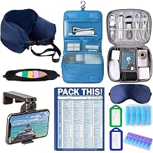Lulurose Complete Travel Kit Stuffable Travel Neck Pillow, Electronics Organizer Case, Hanging Toiletry Bag, 52 Sheets Packing Checklist, Flight Phone Holder, Eye Mask, Ear Plugs & Pill Organizer