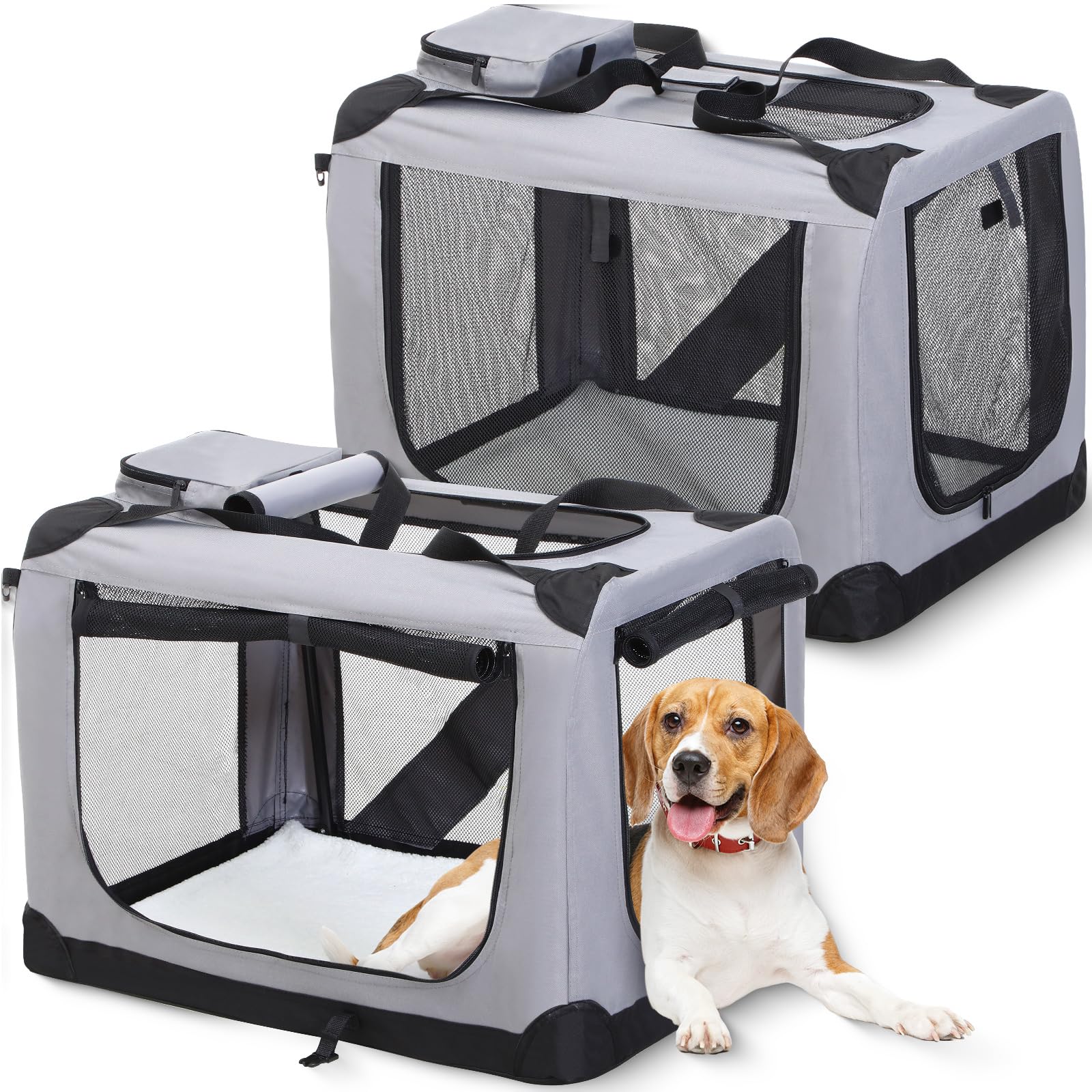 2 Pcs 28.4 Inch Collapsible Dog Crate for Medium Dogs 3 Door Folding Soft Dog Kennel with Carrying Bag and Fleece Bed Portable Travel Dog Crate with Durable Mesh Windows Indoor and Outdoor Use