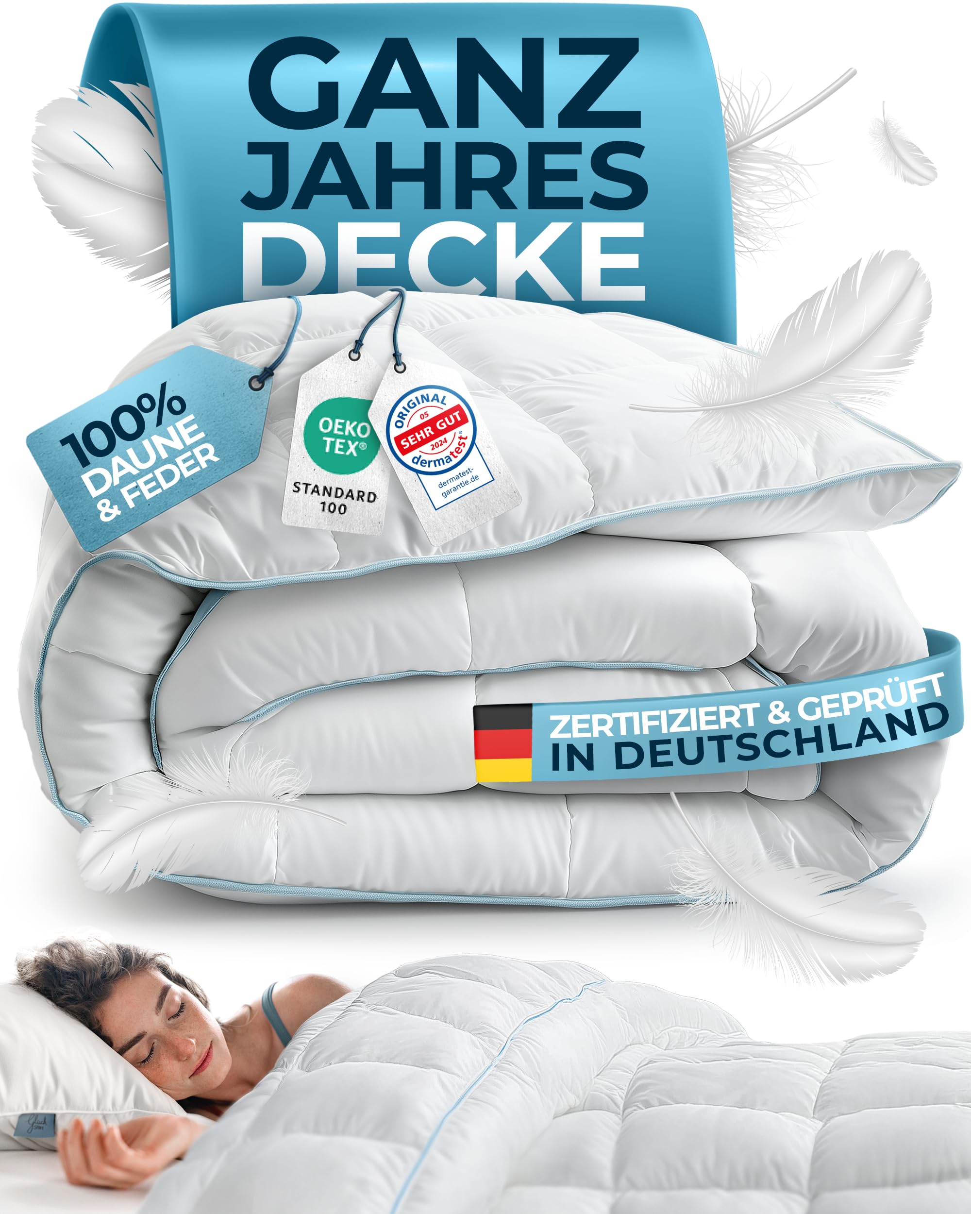 Glückstoff® Feder- und Daunendecke 135x200cm [Zertifiziert in Deutschland] - Bettdecke Daunen und Federn - Federbettdecke Oberbett - Schlafdecke Zudecke Sommer & Winterdecke - Duvet (Ganzjahresdecke)