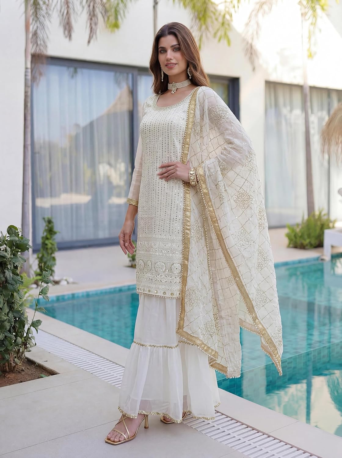 Luxury Faux Georgette Embroidered Kurti Sharara Set with Dupatta for Women | Sequins Zari Work Festive & Wedding Wear