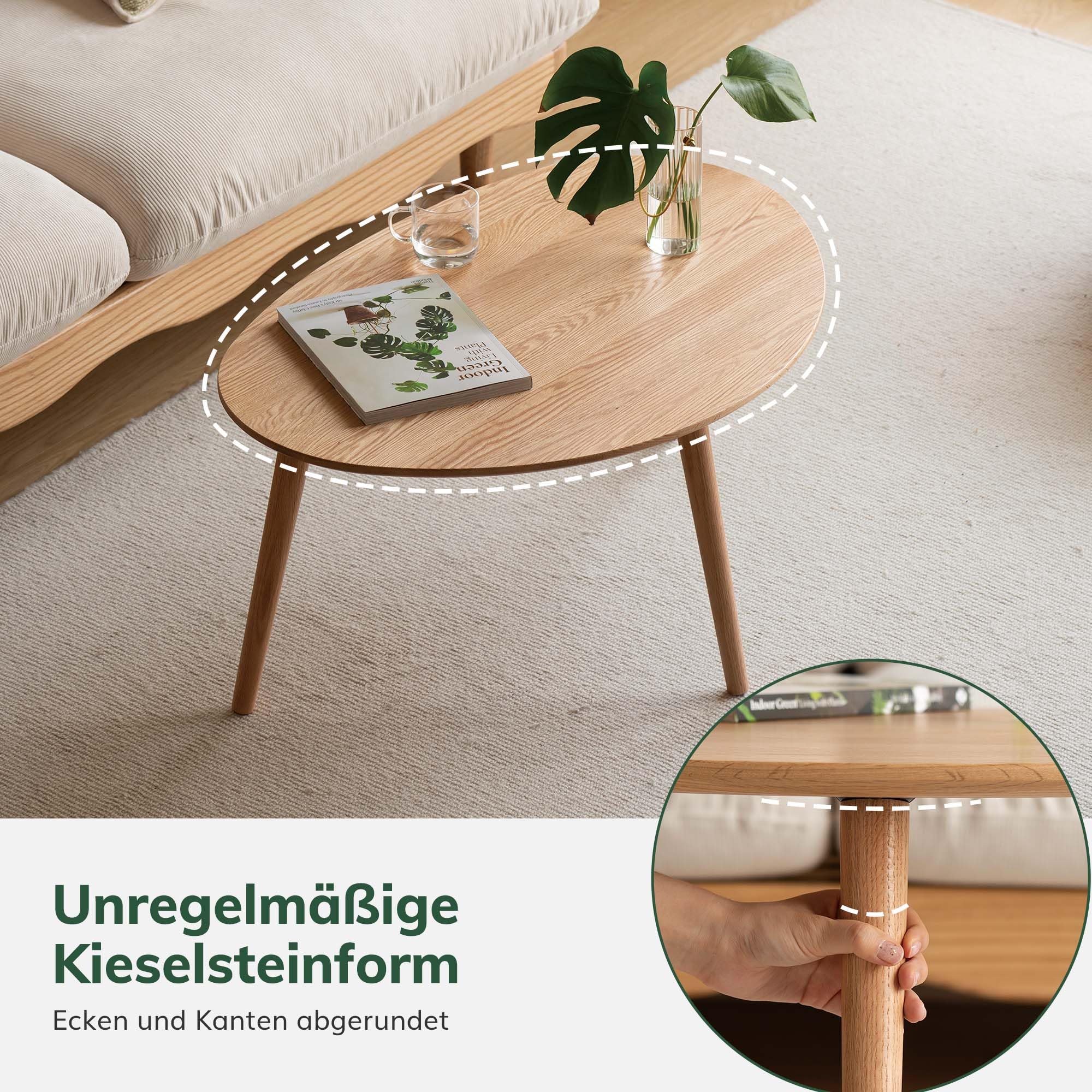 YESWOOD Massivholz Beistelltisch, Couchtische aus Eiche, Ovaler Beistelltisch mit Naturholzbeinen, Kieselsteinform für Wohnzimmer und Balkon, Sofatisch modern, Natur, 34T x 50B x 45H cm