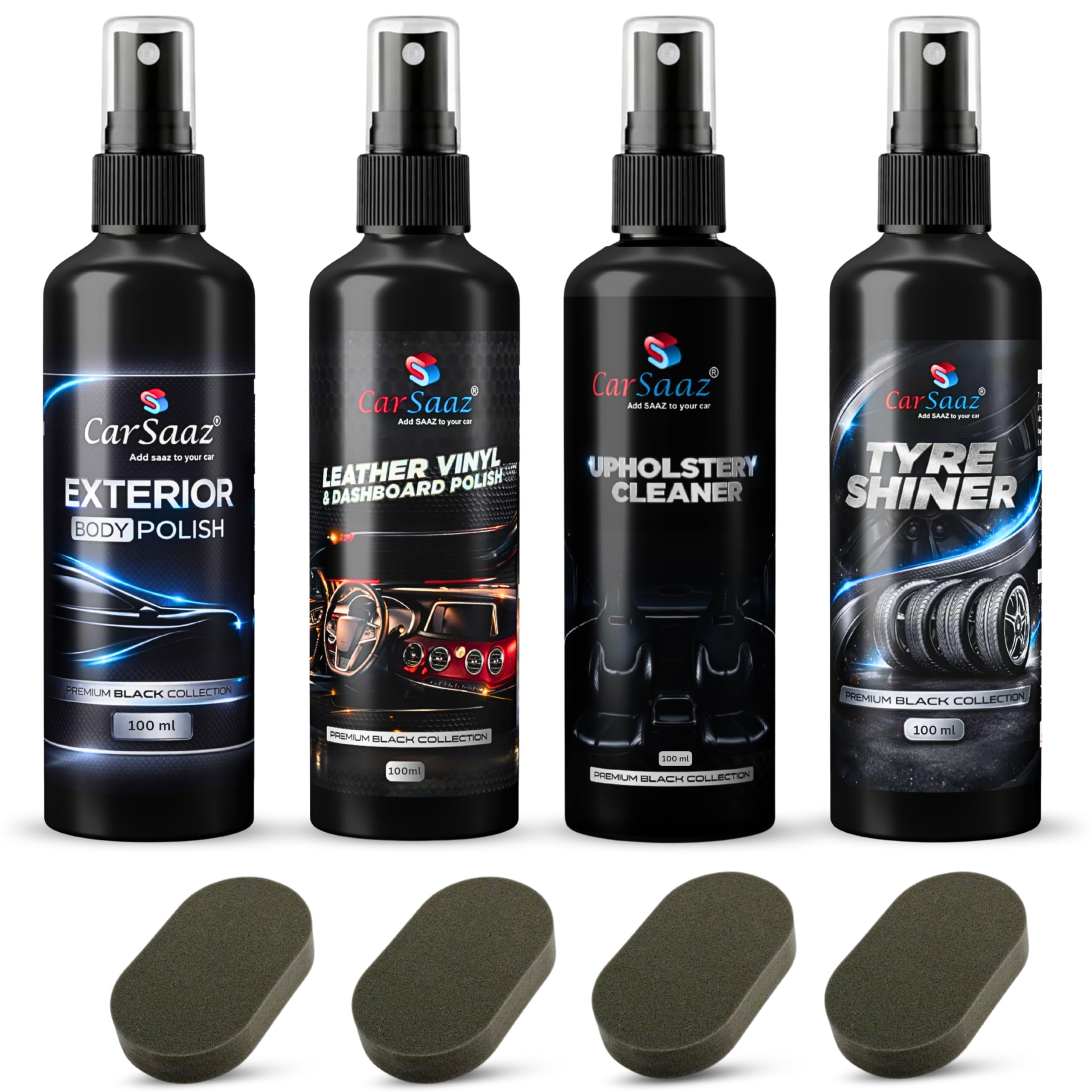 CAR SAAZ Car & Bike Polish Combo | Polish Combo (100 ML Each) | Exterior Body Polish, Leather Vinyl & Dashboard Polish, Upholstery Cleaner, Tyre Shiner with | 4 Applicator Pads-image-24
