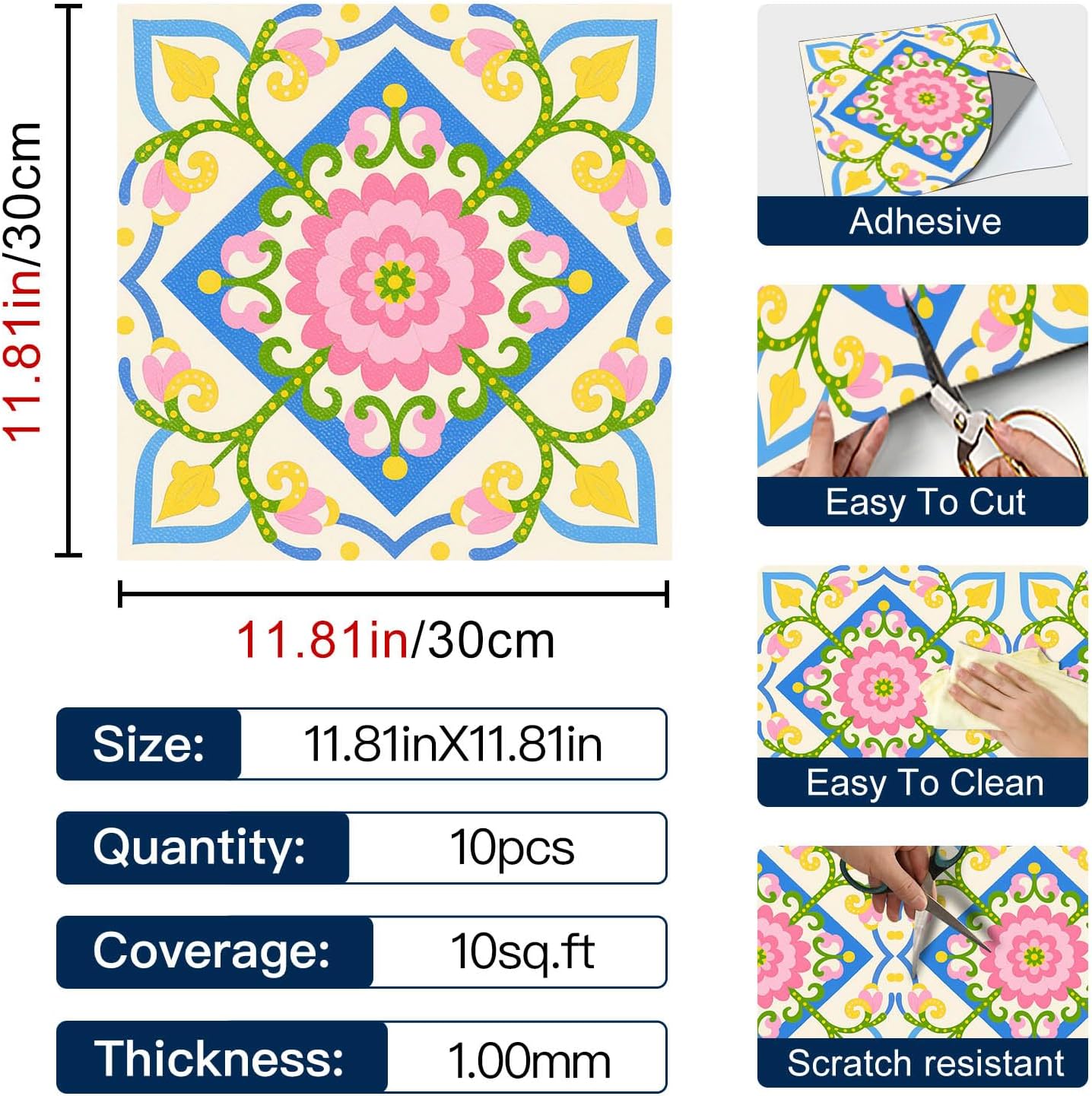 IVN 10PCS 12x12 Inch Peel and Stick Floor Tiles Colorful Vintage Floral Geometric Tile Pattern Removable Self Adhesive DIY Vinyl Flooring Stickers for Entryway Kitchen Bar Studio Home Decor