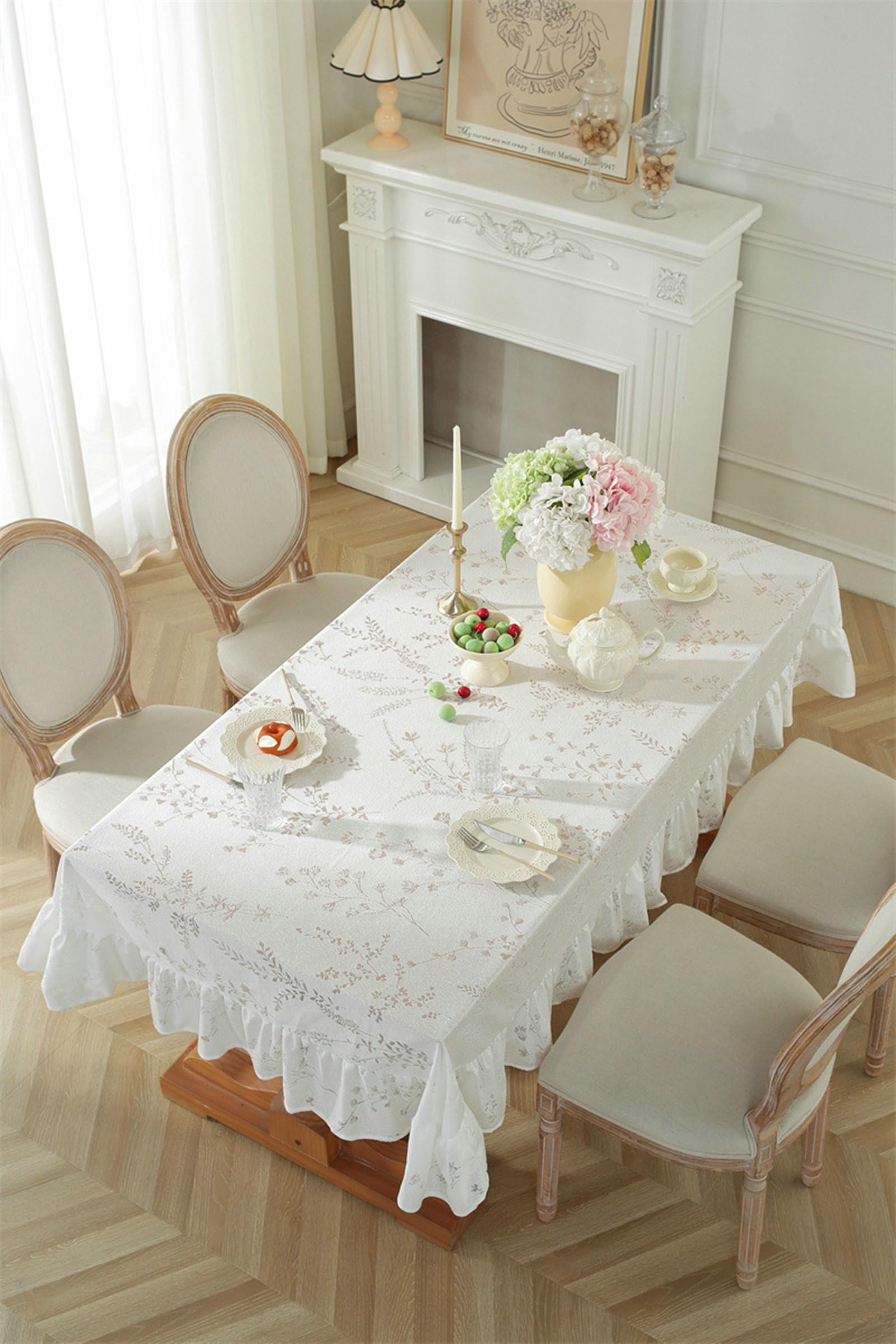 Gualiy Mantel de Mesa Rectangular Poliester, Mantel de Mesa 140 x 300 cm Manteles de Mesa Antimanchas Hojas Estampadas con Borde Ondulado Mantel para Mesa Comedor, Blanco