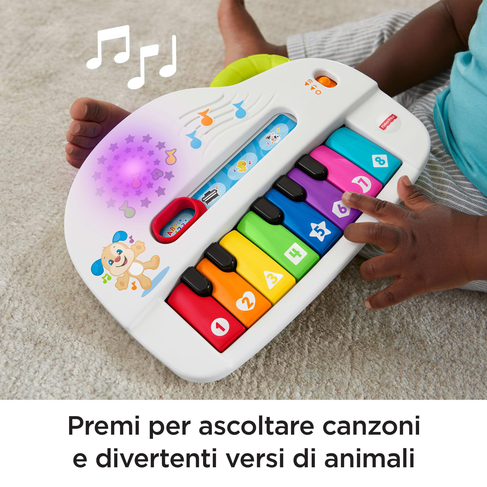 Fisher-Price - Pianoforte di Cagnolino Ridi & Impara, Pianoforte Giocattolo Portatile con Luci, Musica, Versi degli Animali,Educativi, 6+ Mesi, Edizione Inglese+Italiano+Portoghese+Spagnolo, HHX13