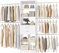Besiost 4-8 FT Expandable Closet Organizer System with 2 Wooden Drawers, 5 Hanging Rods & Adjustable Shelves - White Walk-In Tower