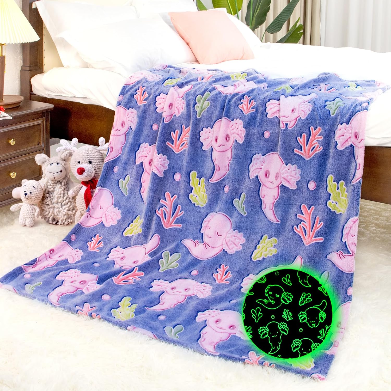 Axolotl Blanket for Girls, Axolotl Gifts for Girls Kids Boys Toys, Glow in The Dark Blankets for Kids Toddlers, Soft Warm Fuzzy Fleece Throws for Couch Bed Bedroom Decor, Birthday Gifts 50"x 60"
