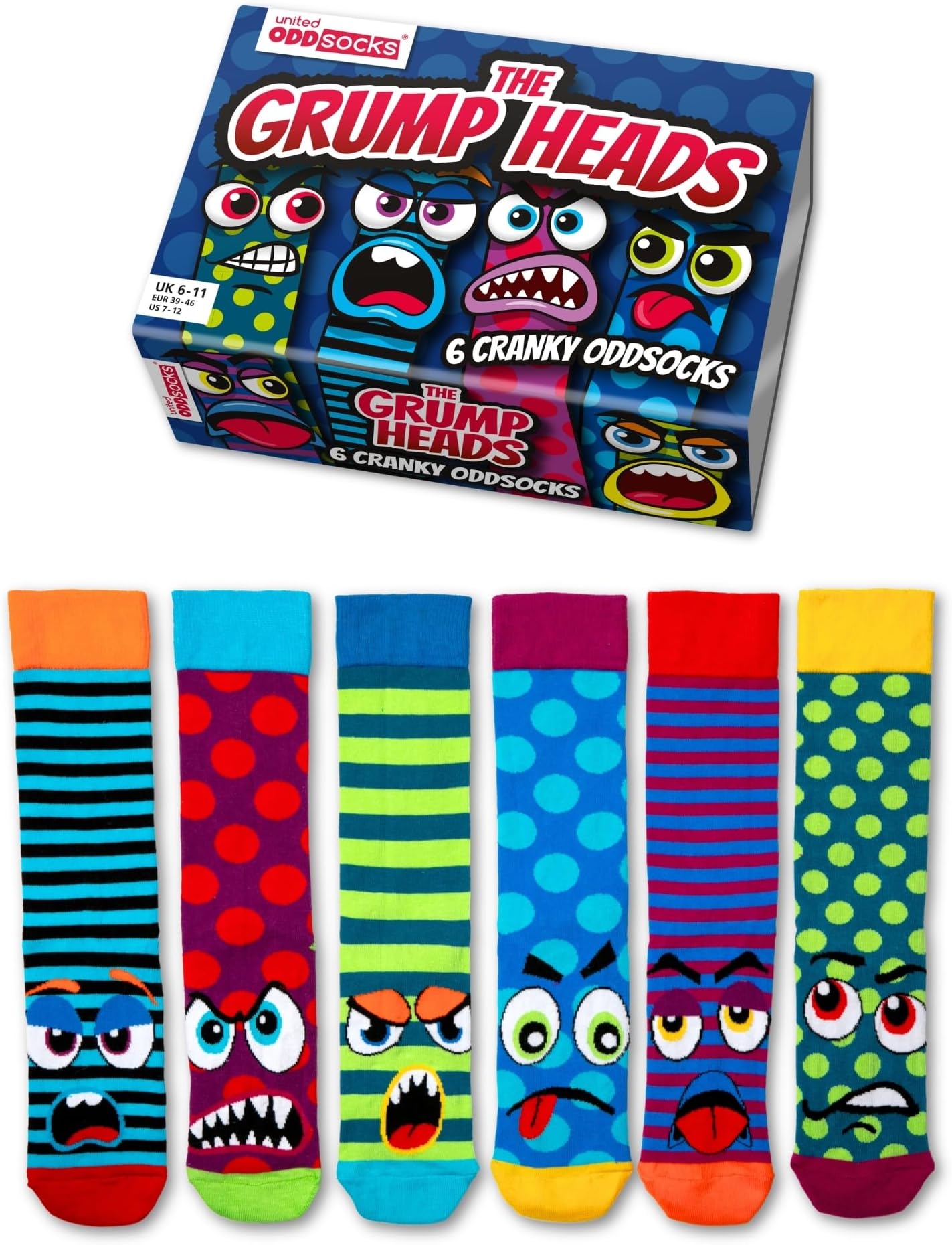 – The Grump Heads Gift Box – 6 Cranky Mix & Match Odd Socks for Men – UK 6–11, EUR 39–46, US 7–12 – Colourful Monster-Themed Novelty Socks – Fun Gift for Birthdays, Christmas & More