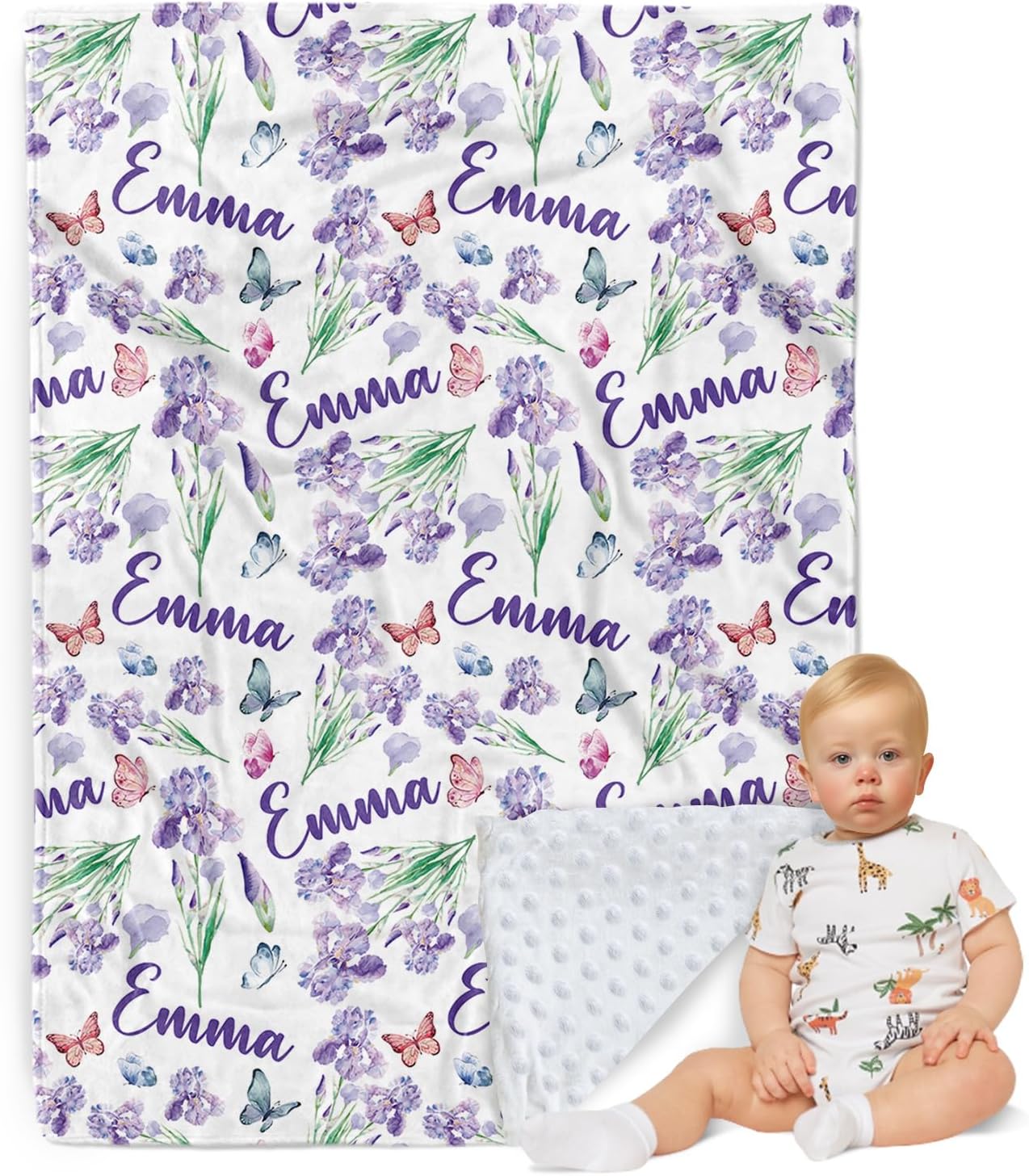 Personalized Baby Blanket - Animals Pattern with Multi-Fonts Names - Custom Soft Plush Double Layer Blankets with Dotted Backing for Boys Girls Gifts Color16-Butterfly