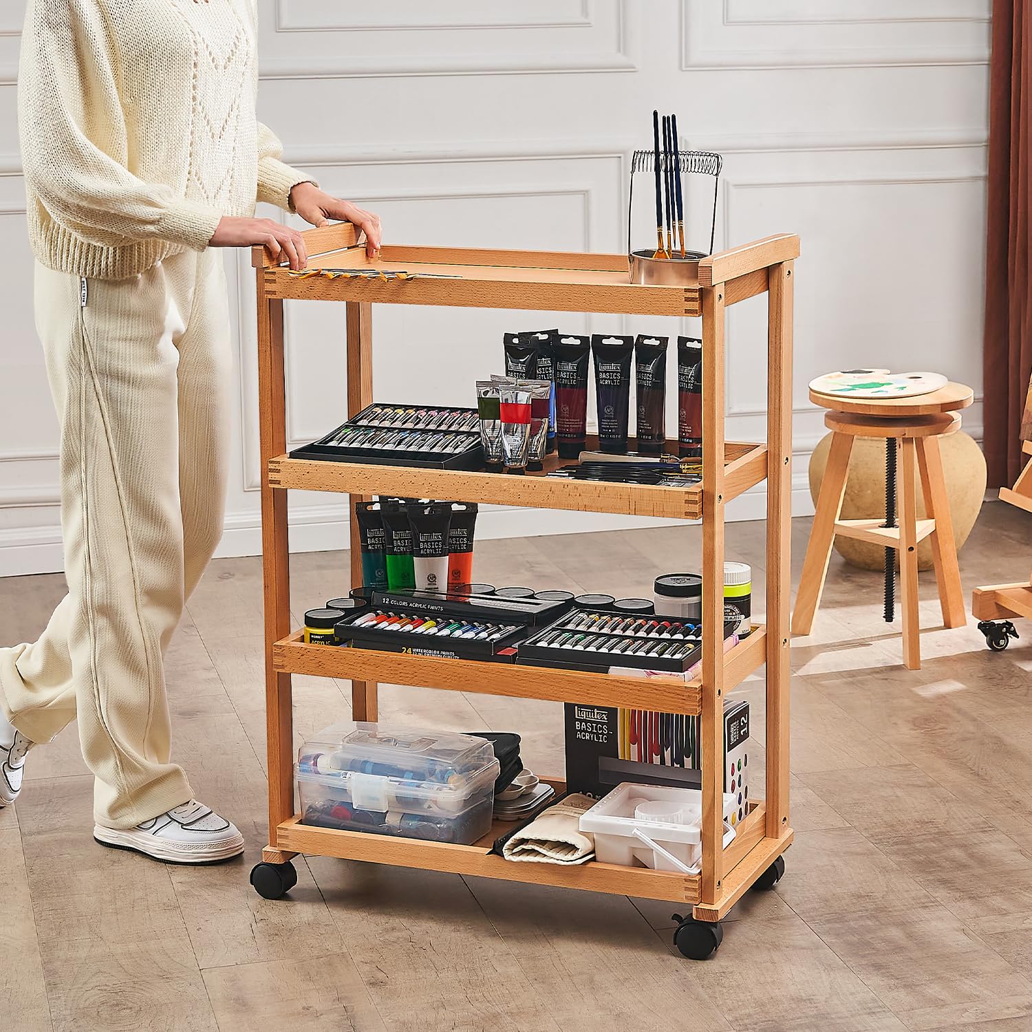 Carrito Madera Contrachapada Abedul Carrito Organizador De Madera Con Ruedas Para Arte Y Manualidades - 65 Cm De Alto, 4 Ruedas, Diseño Multifuncional Carrito Móvil Aula