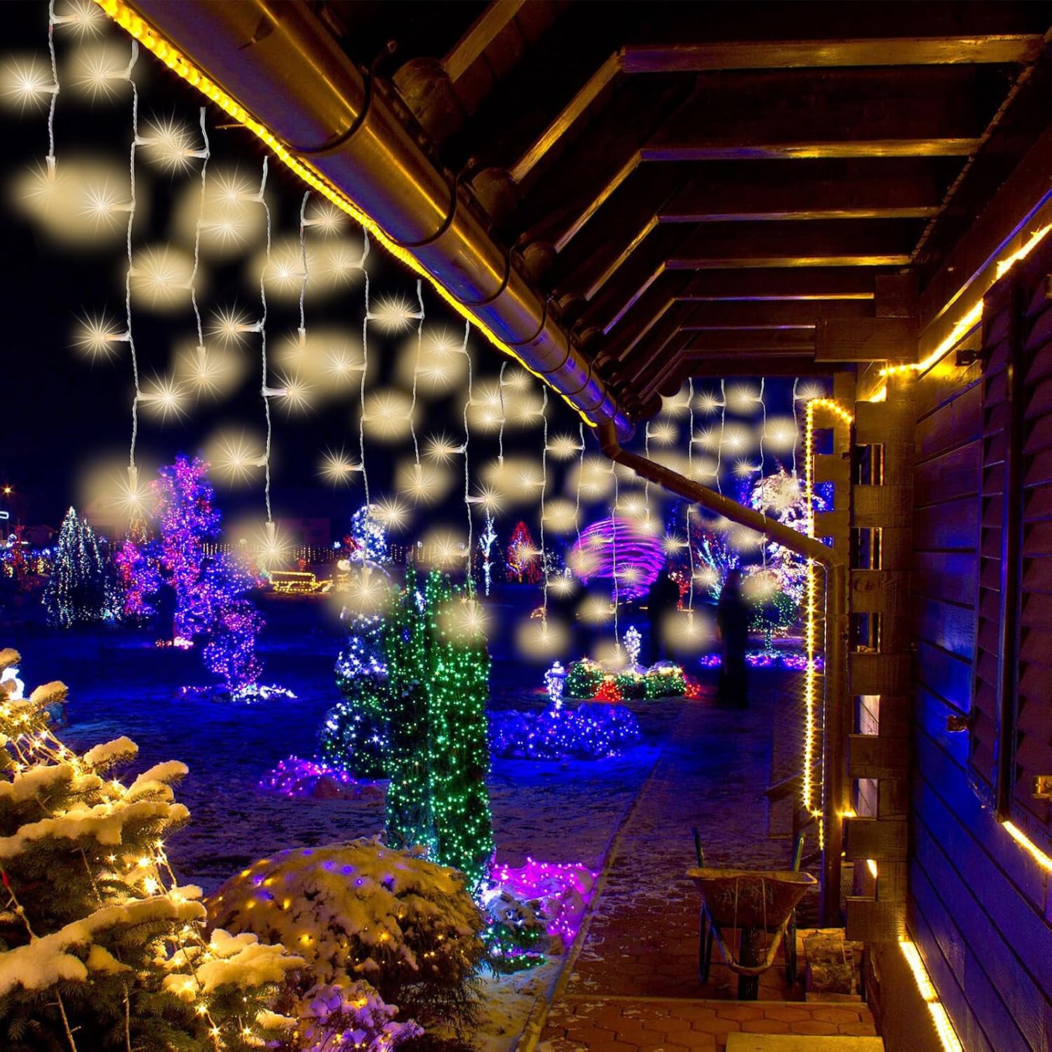 LAMPHOME Icicle Christmas Lights Outdoor 400LED 49.5FT - 11 Modes Timer IP44 Waterproof Connectable Fairy String Lights, Remote Plug in,400LED Icicle Lights,with 16-Functions,Warm White,White Wire