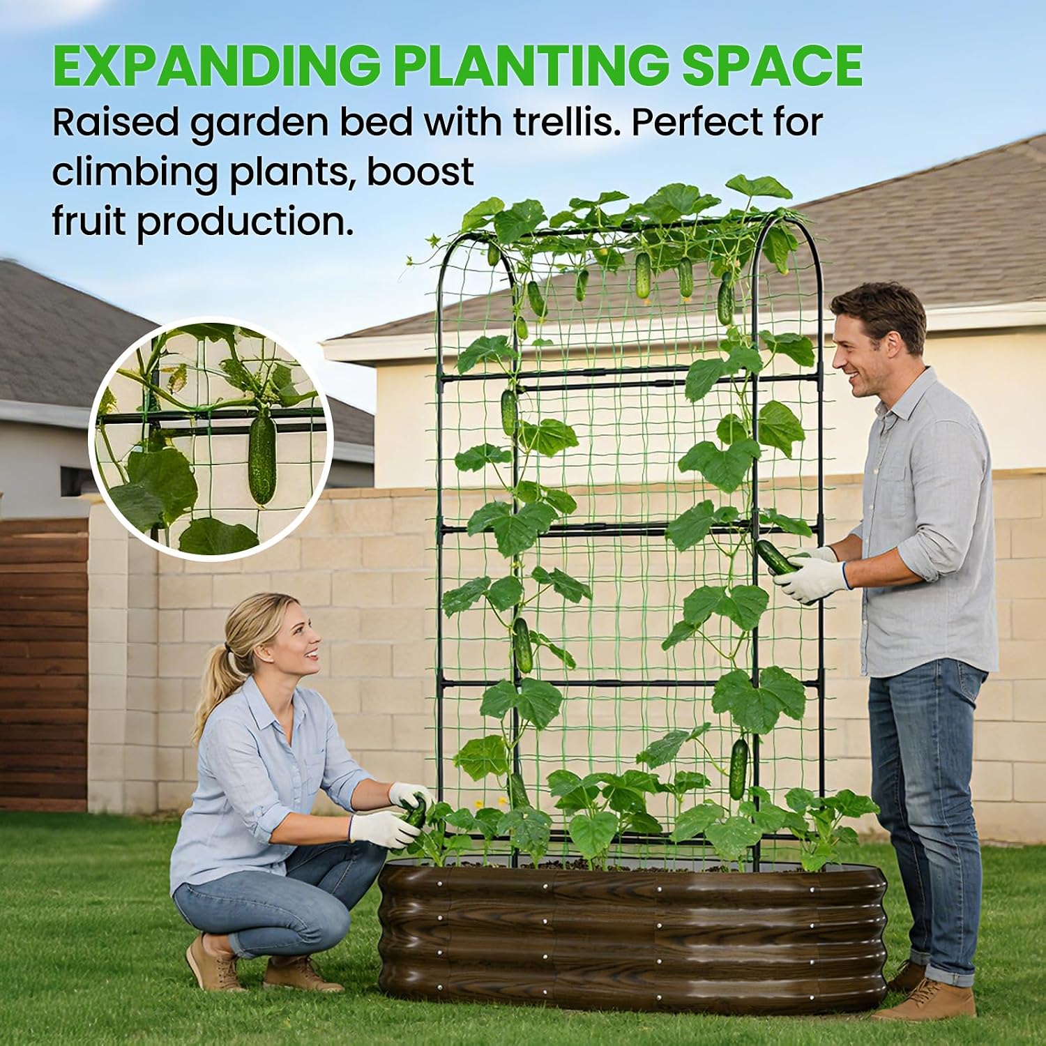 DoCred 2 in 1 Galvanized Raised Garden Bed, 2Pcs Garden Planter Box with 71" H Trellis for Climbing Plants, Outdoor Gardening Raised Beds with Climbing Net for Fruits, Vegetables, Flower (Wood Grain)