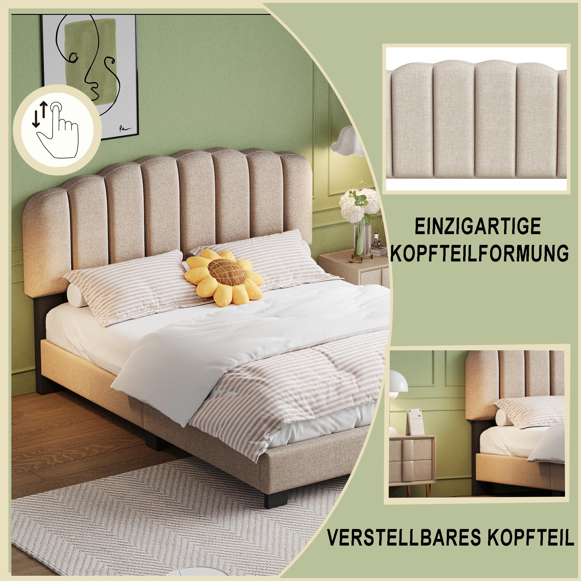 Letto imbottito 140 x 200 cm, letto con rete a doghe (senza materasso), testiera regolabile, in lino, stile minimalista beige scuro