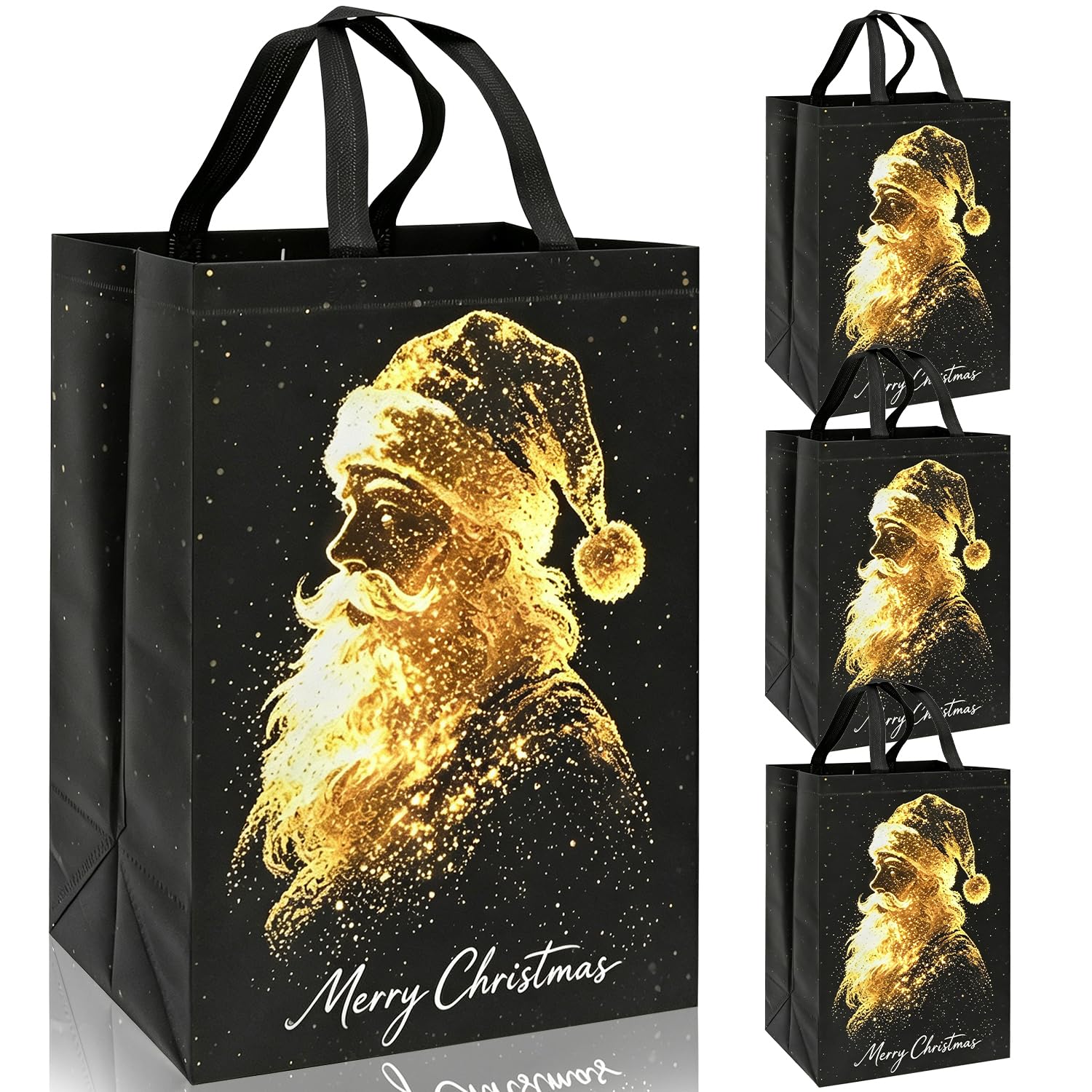 Large Christmas Tote Bags,4 Pack Gold Santa Claus Black Christmas Bags