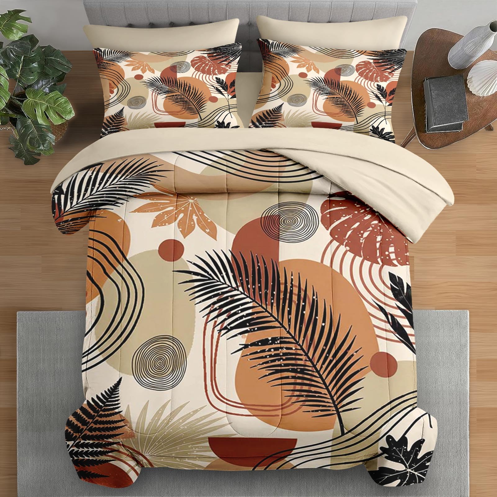 Pamnest Comforter Set Full Size, Boho Tropical Leaves Beige 7 Pcs Bedding for Kids and Adults, Bohemian Retro Flower Bed Sheet Sets with Fitted Sheet